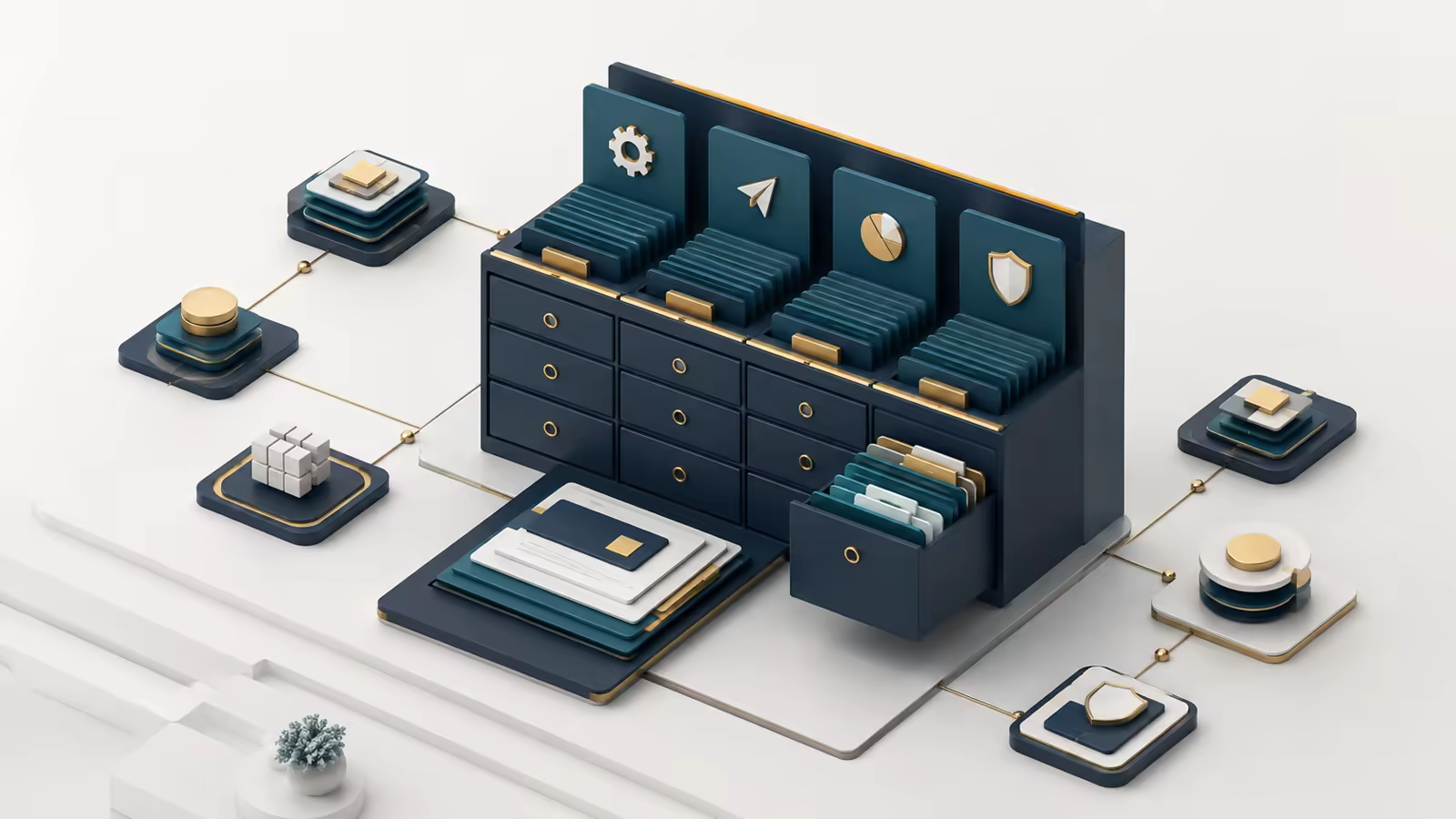 Isometric Oprivia knowledge structure with four topic areas, organized information cards, and a central archive.