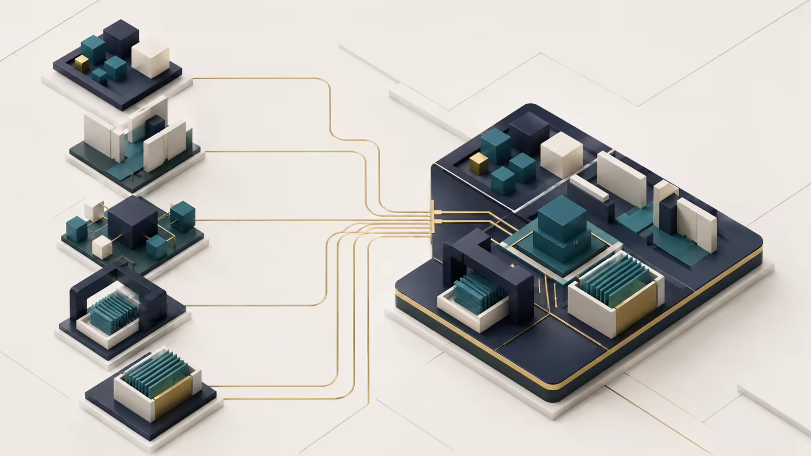 Isometric illustration showing separate operational components being brought together into a structured Oprivia operating layer.