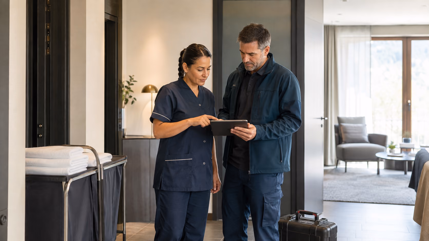 Housekeeping and Maintenance Reviewing an Assignment
A housekeeping lead and facility technician jointly review a digital work order in a serviced apartment.