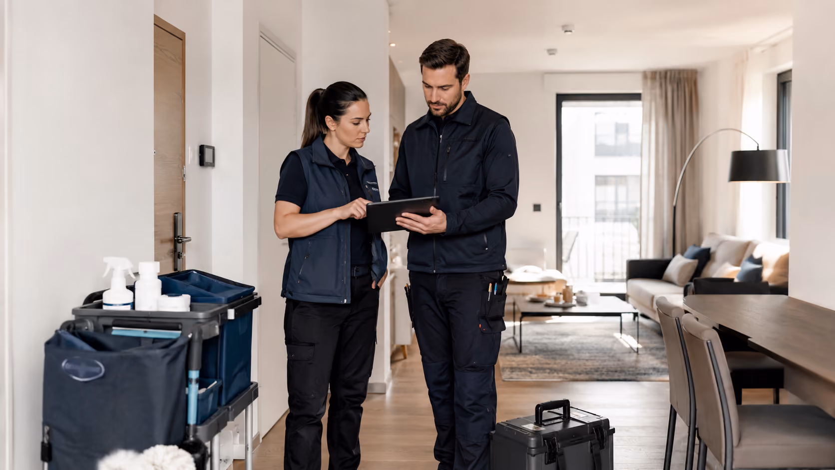 A cleaning supervisor and technical service partner review the time window, access details, scope, and evidence requirements before starting work.