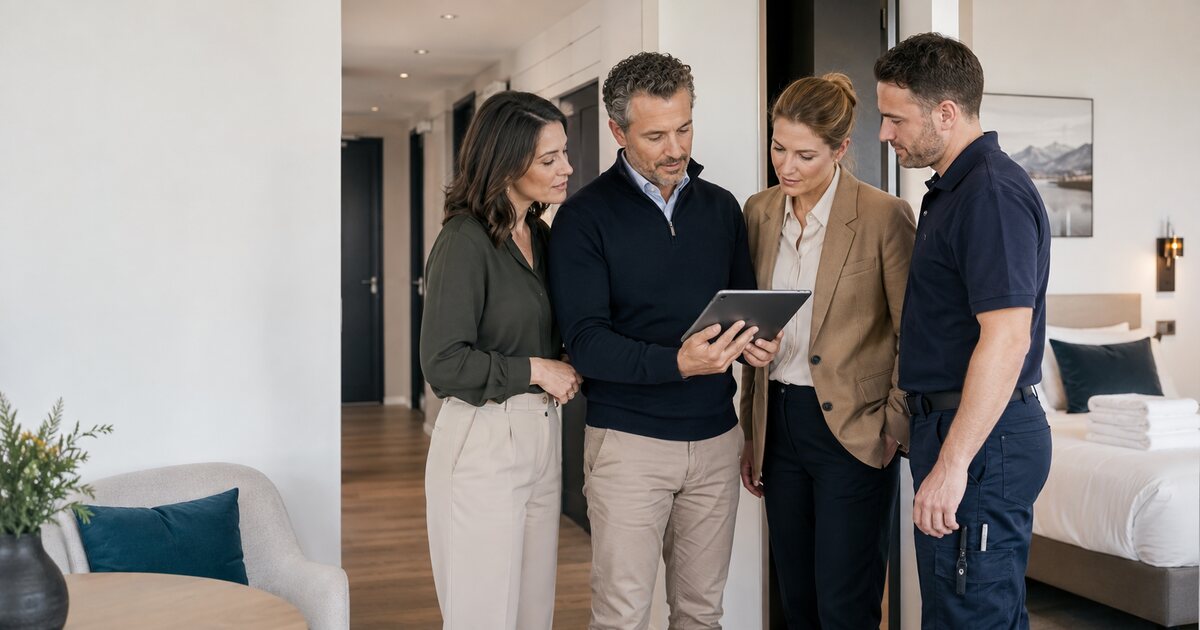 Host, Apartmentmanagerin, Property Manager und Servicepartner prüfen gemeinsam einen digitalen Einsatzauftrag in einem Serviced Apartment.