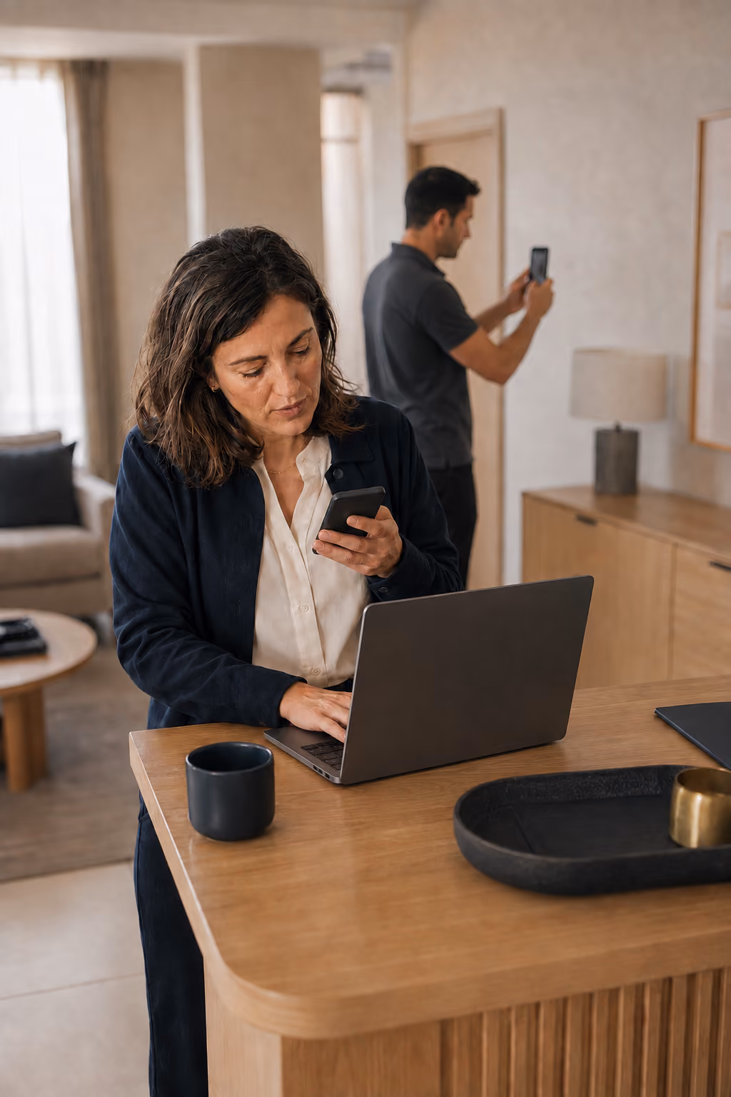 Eine Betreiberin prüft am Laptop den Status eines definierten Pilotfalls im laufenden Business-Apartment-Betrieb.