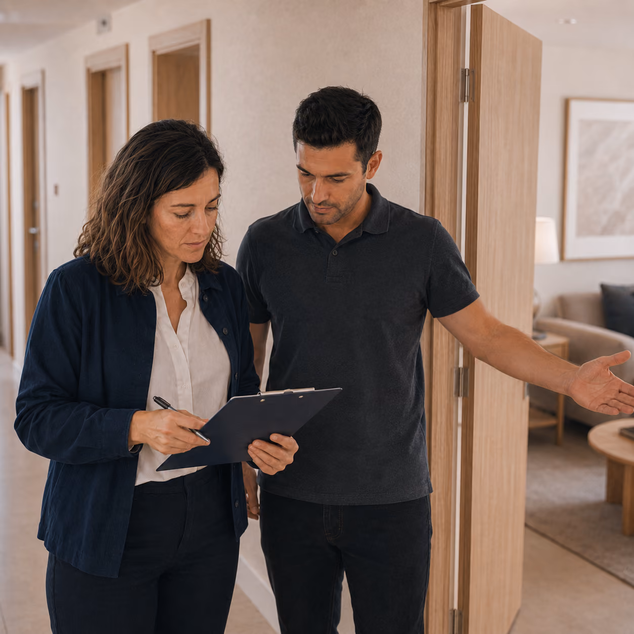 Eine Betreiberin und ein Servicepartner prüfen mit einer digitalen Checkliste die Bezugsbereitschaft mehrerer Business-Apartments.