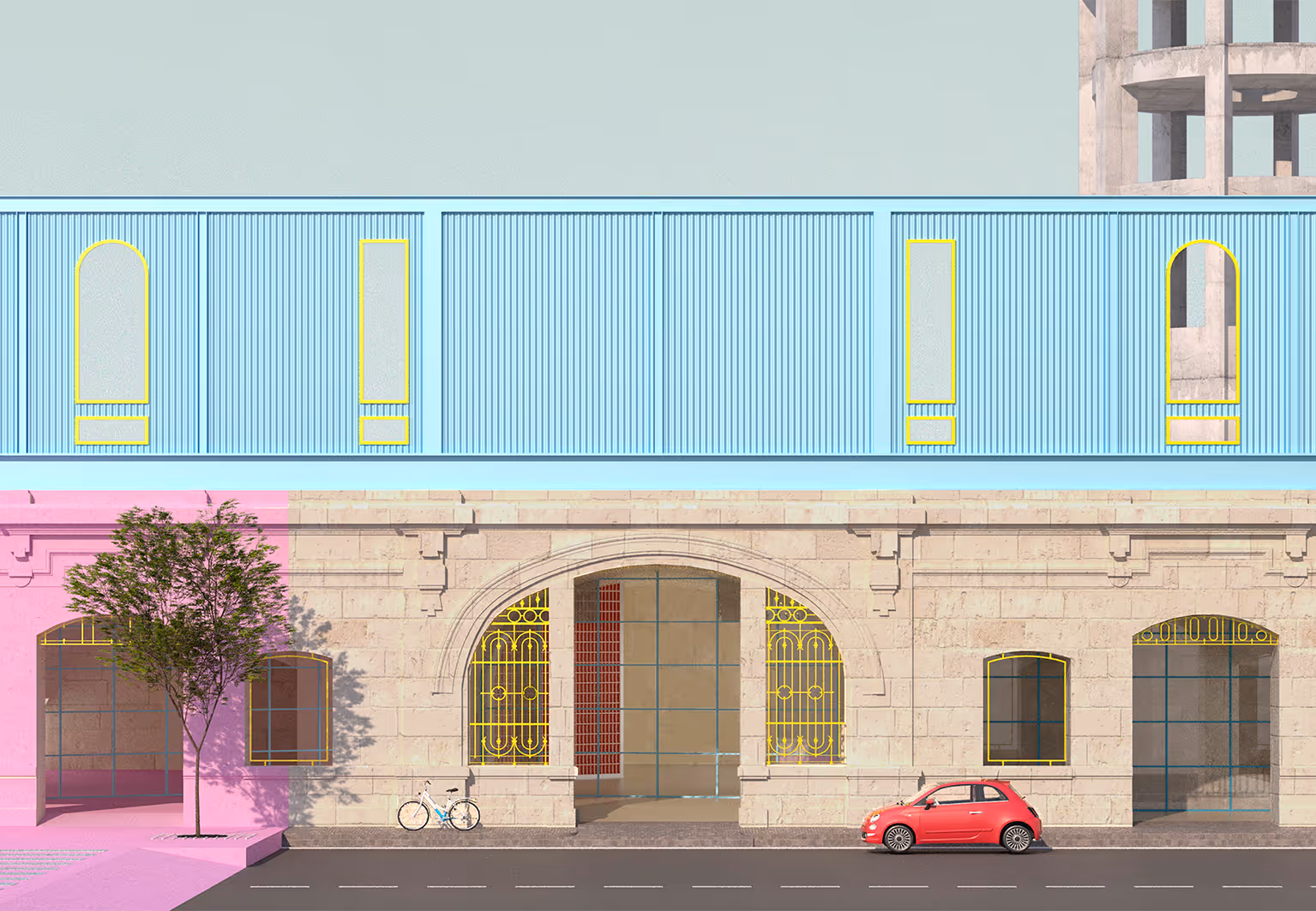 Colorful Mediterranean street facade with pink wall, arched golden windows, and a red Fiat 500 parked in front