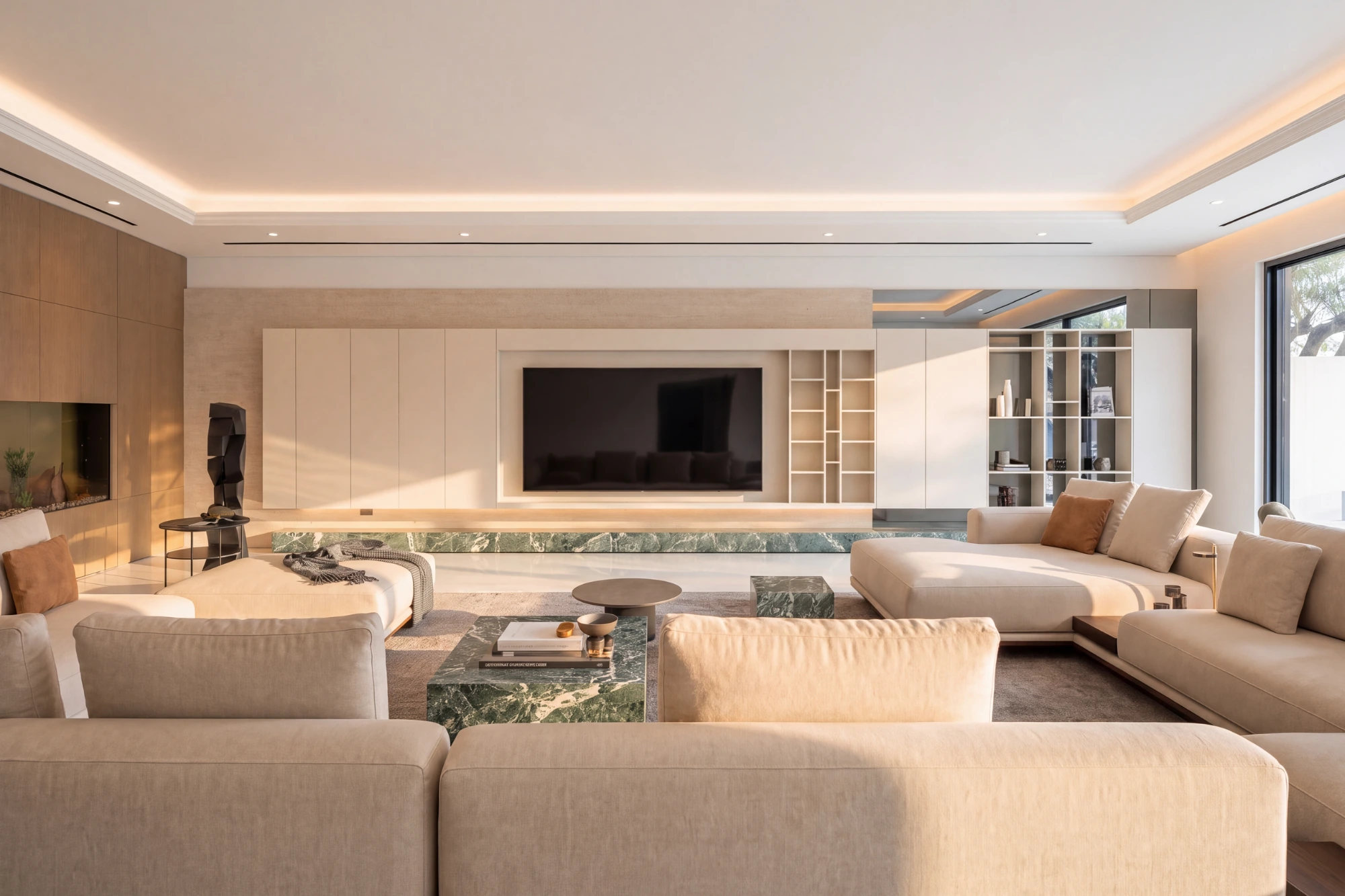 A completed villa living room, stone and joinery under architectural light