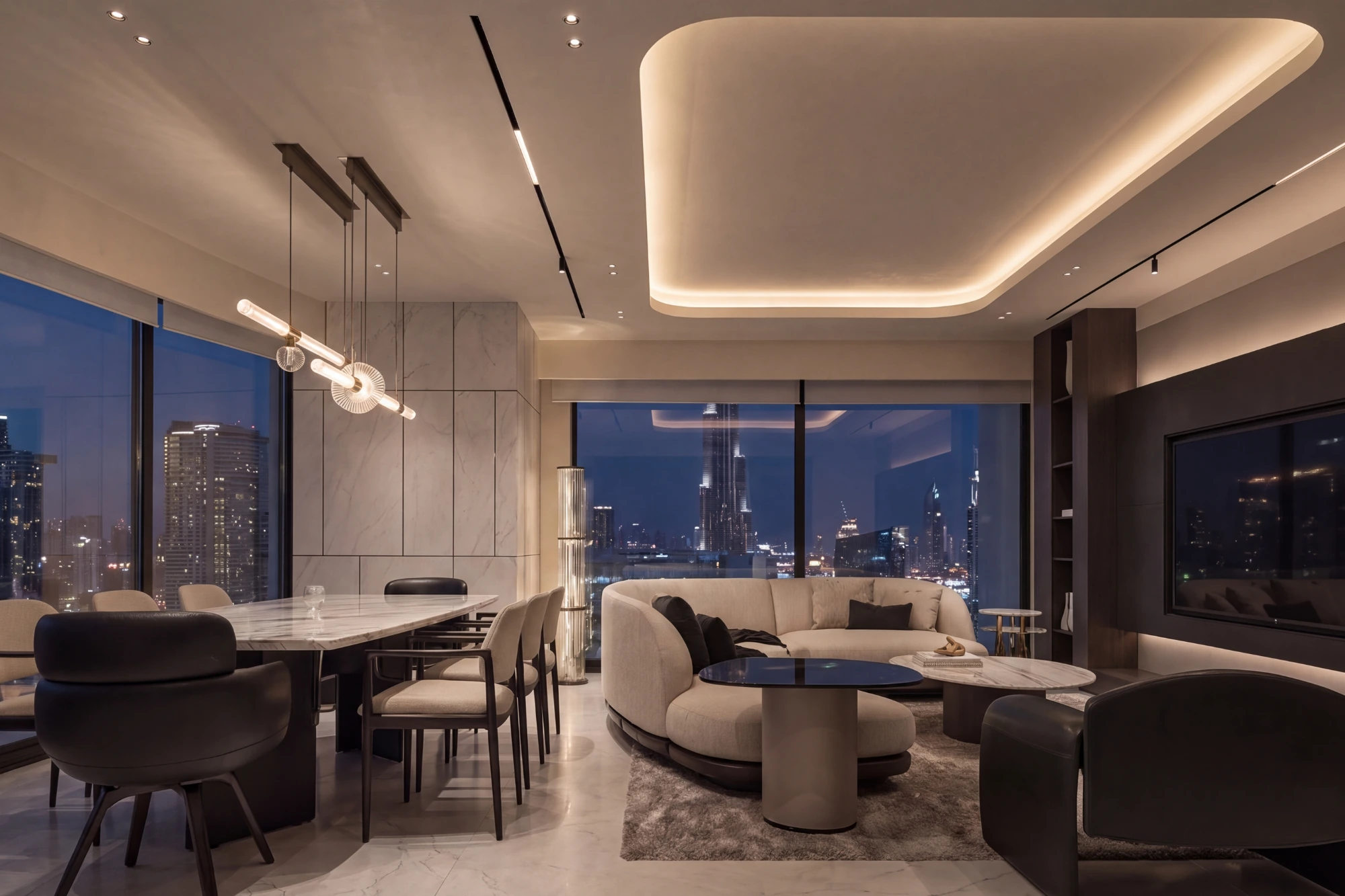 A finished apartment interior in a Dubai tower, city light through the windows