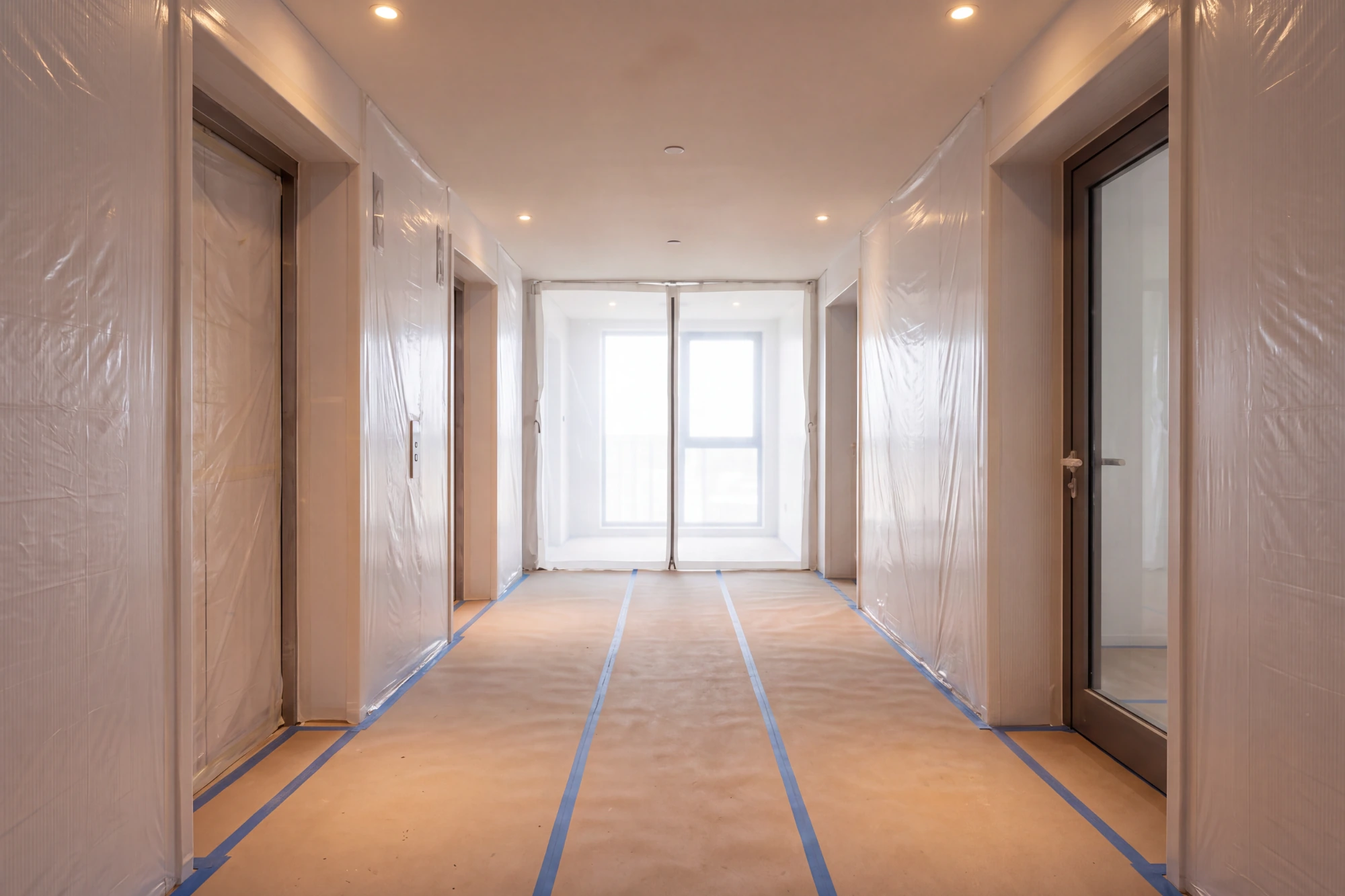 A protected lift lobby and corridor during works in an occupied tower