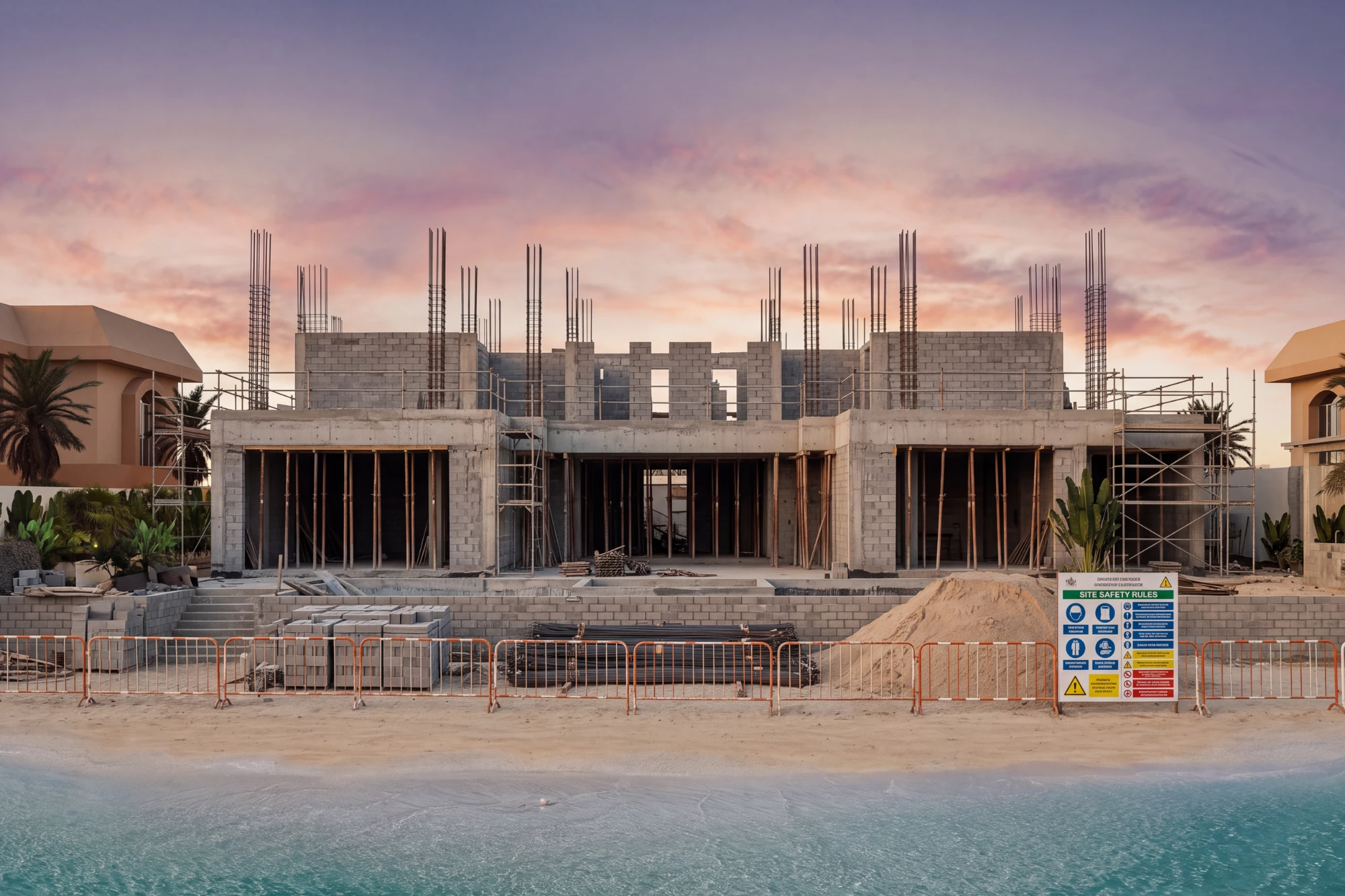 A villa under construction with structure up and services installed