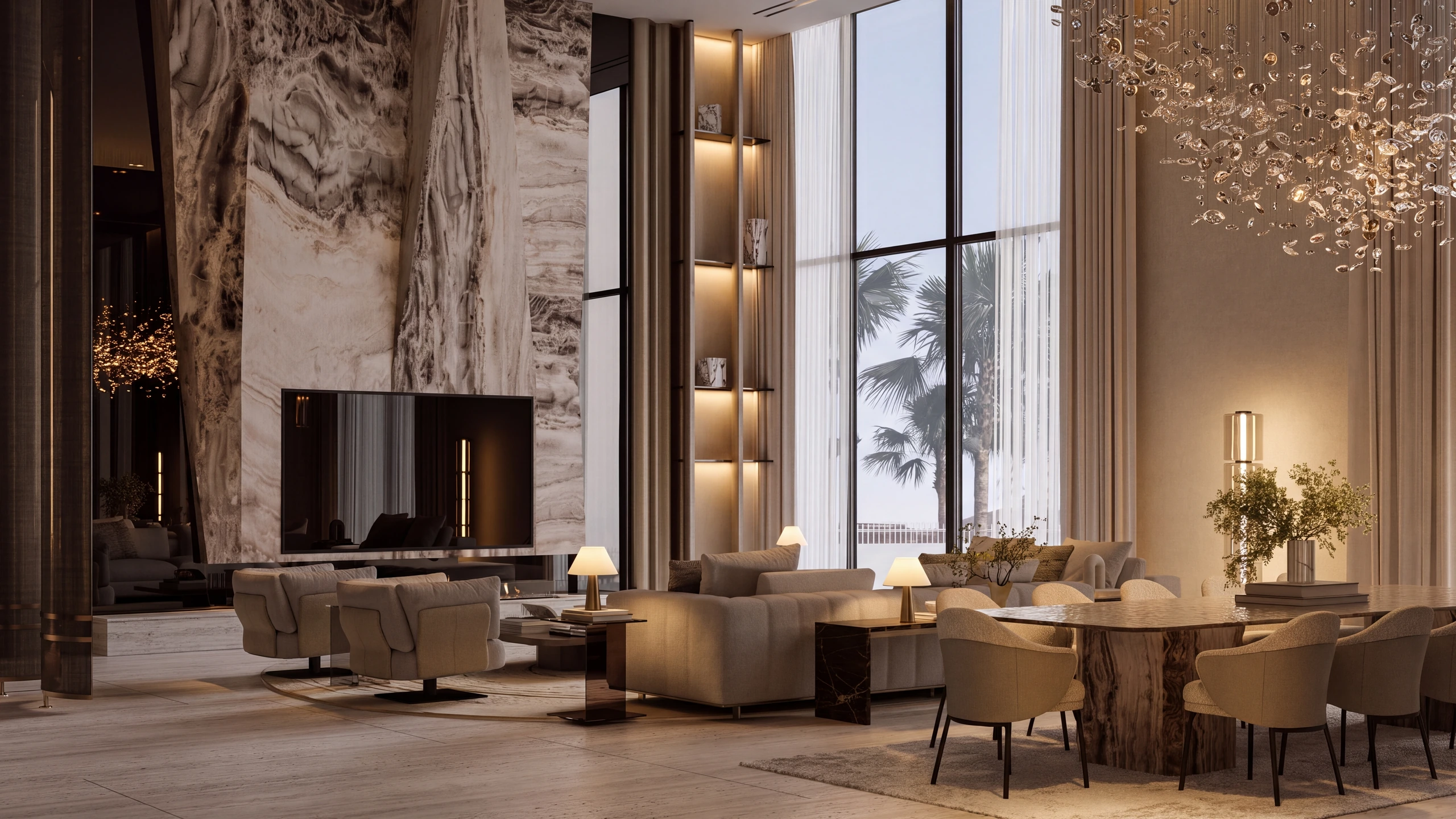 A signature interior lit by architectural daylight, the room composed as one material language