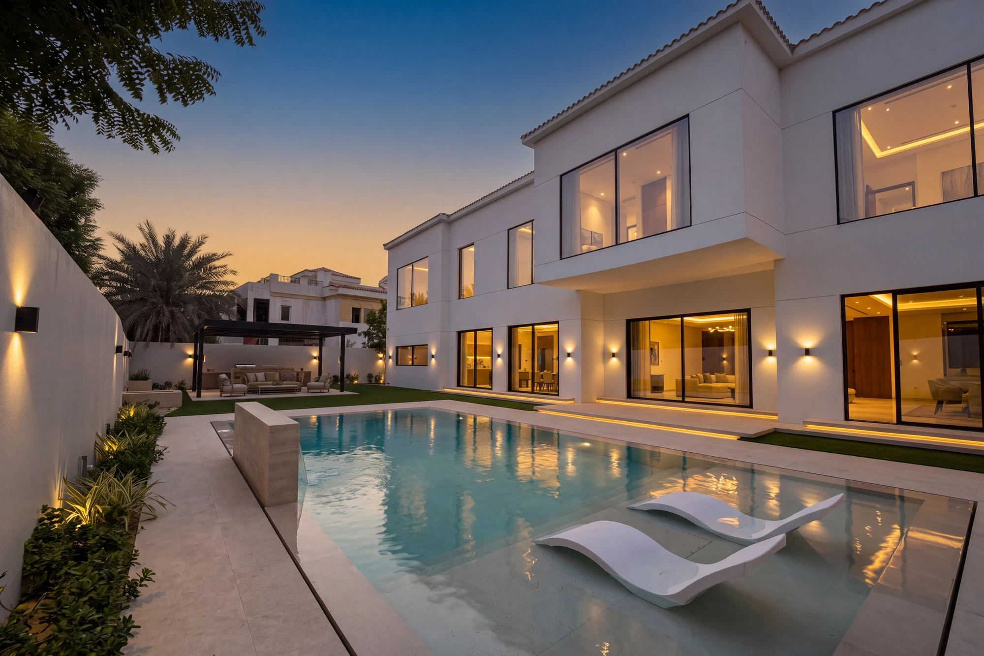 A completed and handed-over house lit at dusk