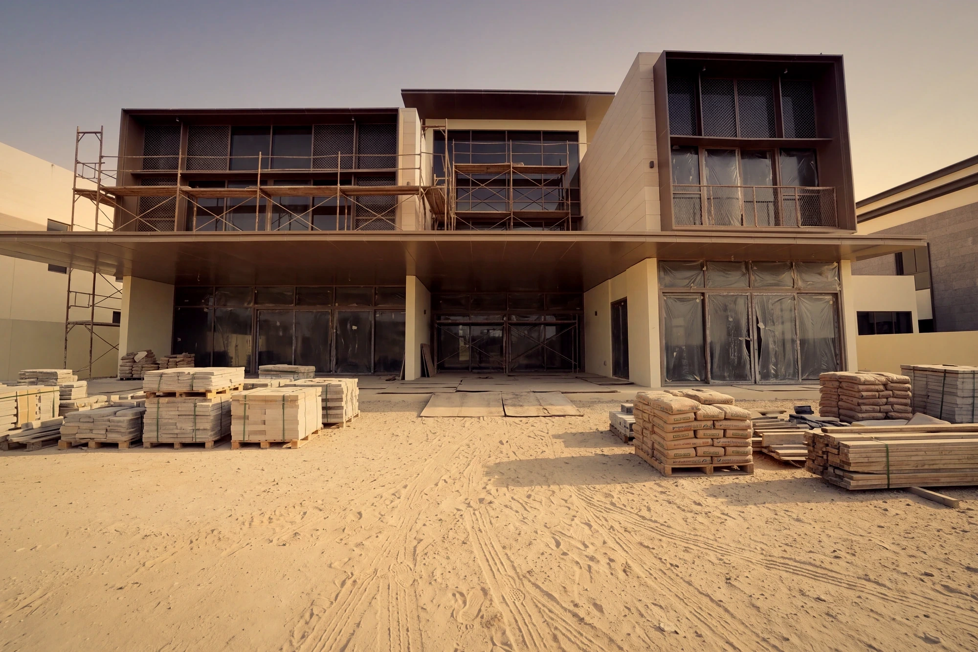 A villa under construction, glazing protected and materials staged on the plot