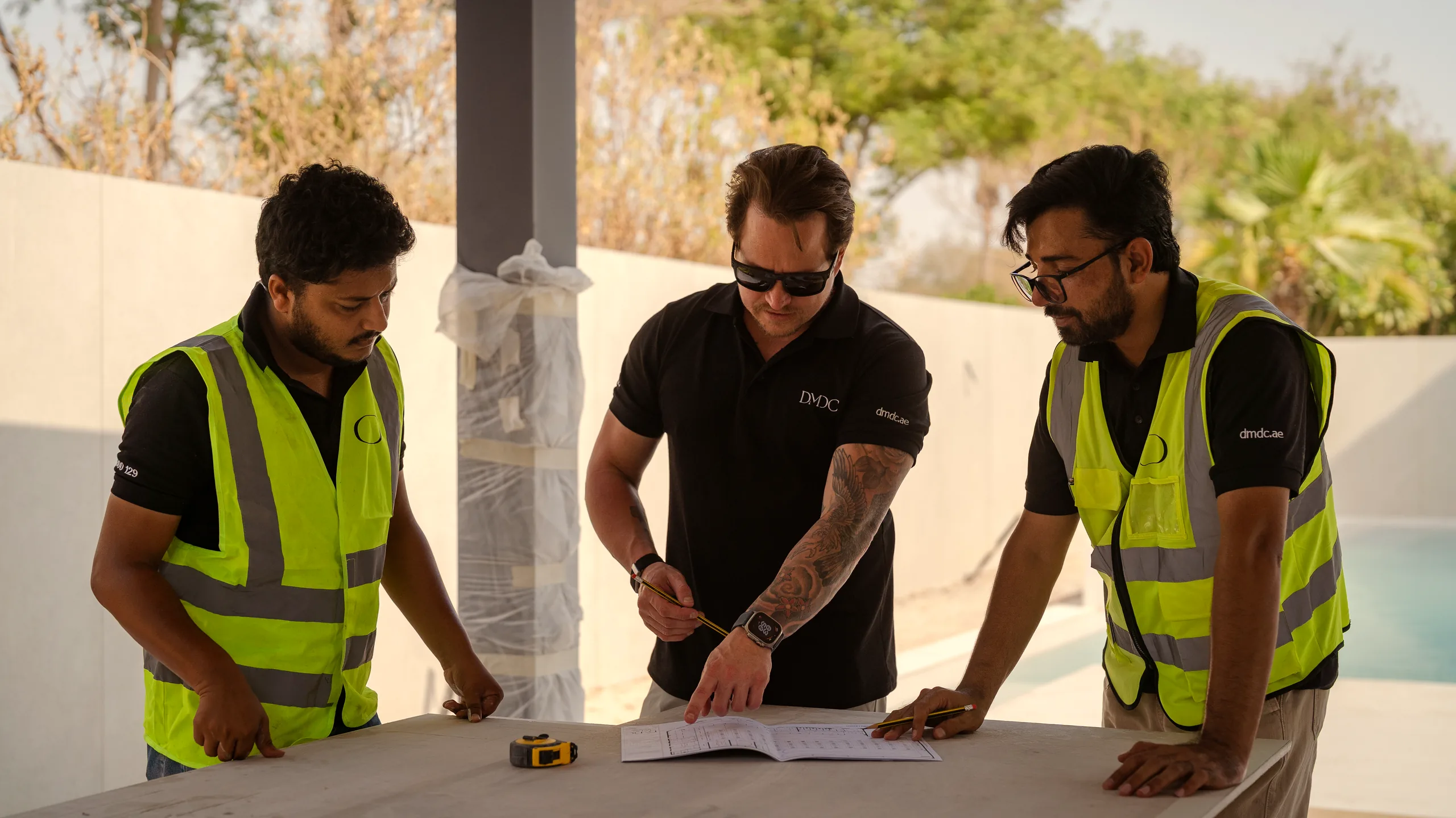 LeRoy leading a drawings review on site with two colleagues