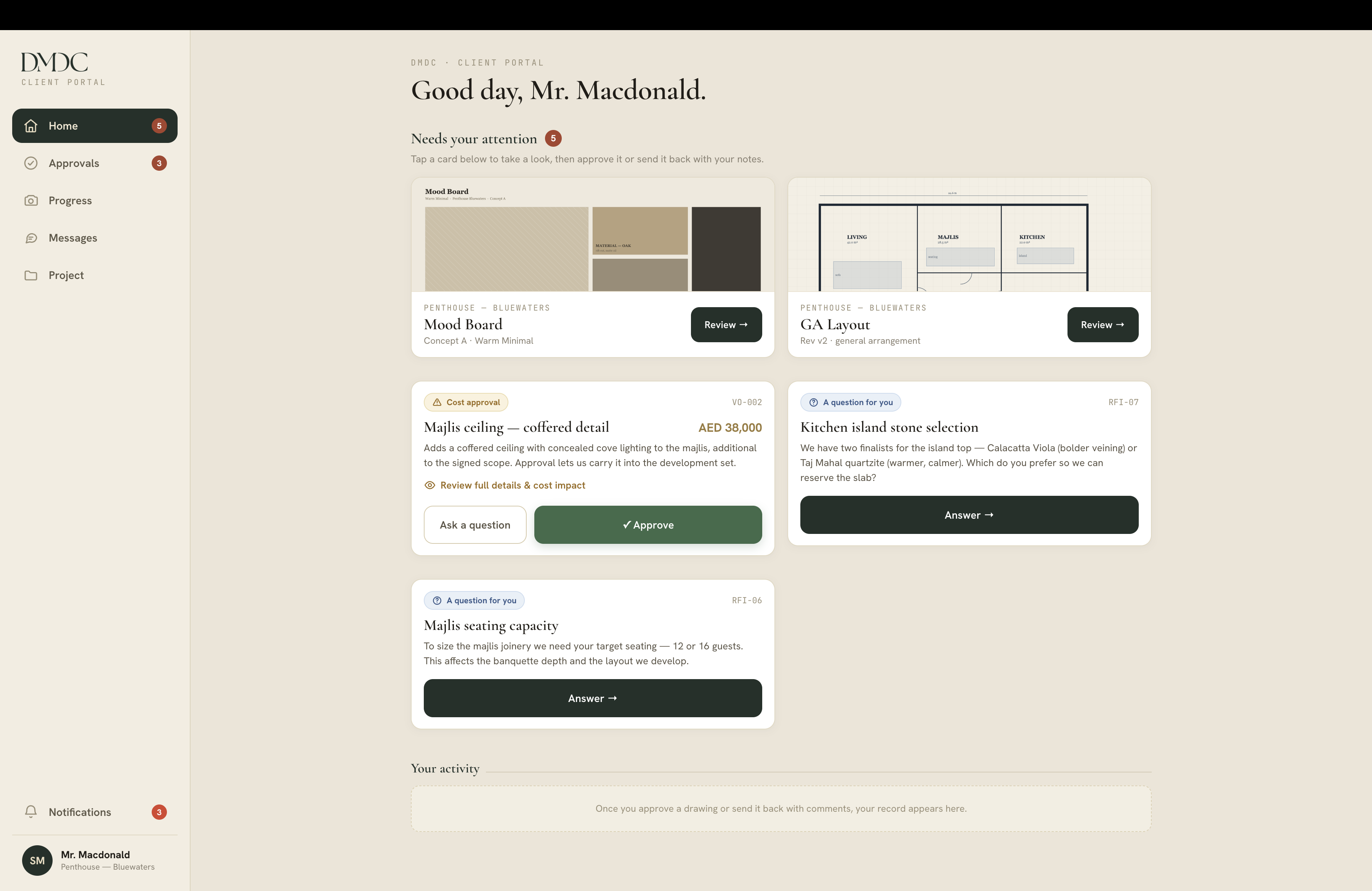 The DMDC client portal, showing design submissions awaiting the client’s approval