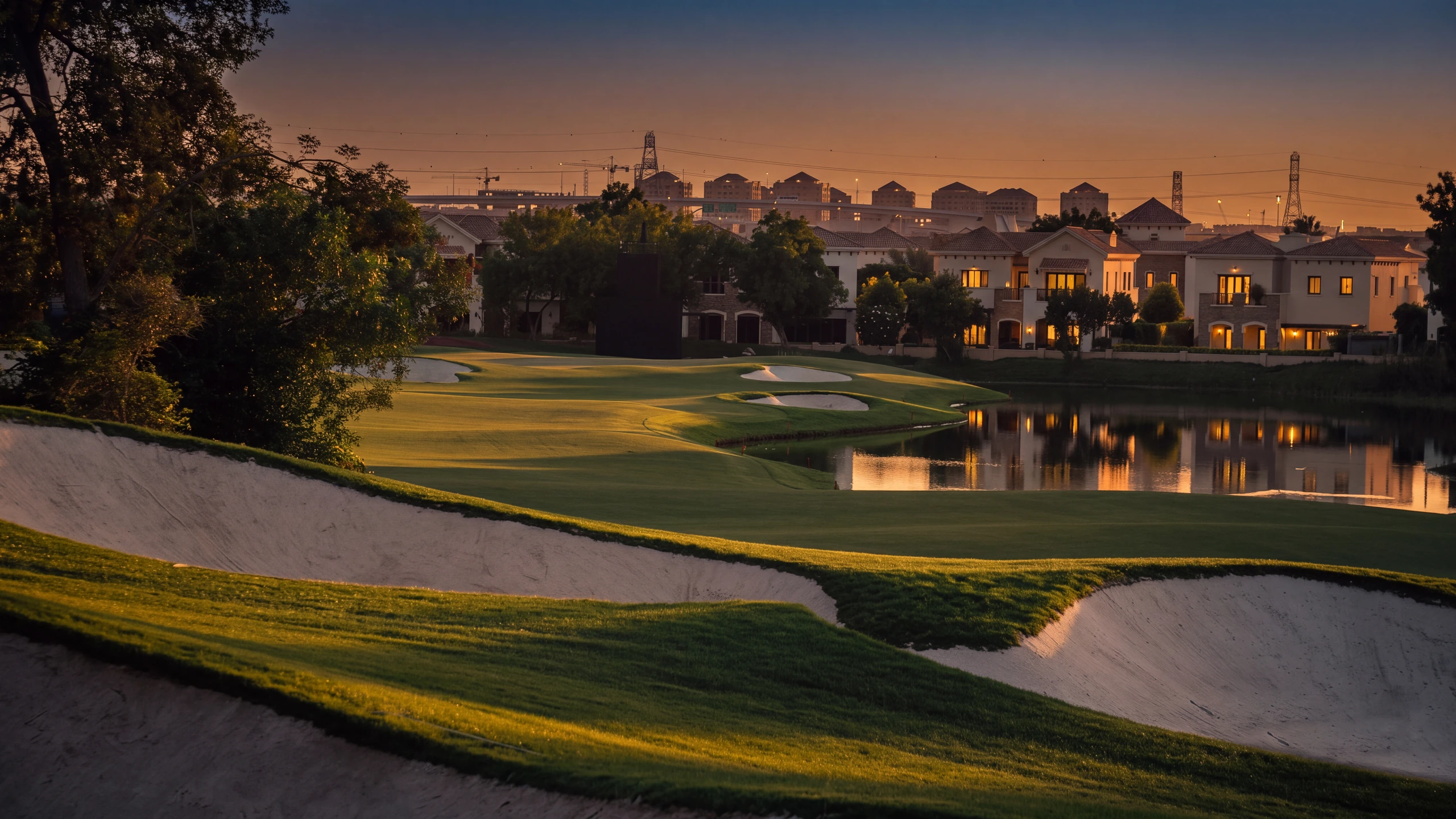 A fairway-side villa at Jumeirah Golf Estates, the course beyond the boundary