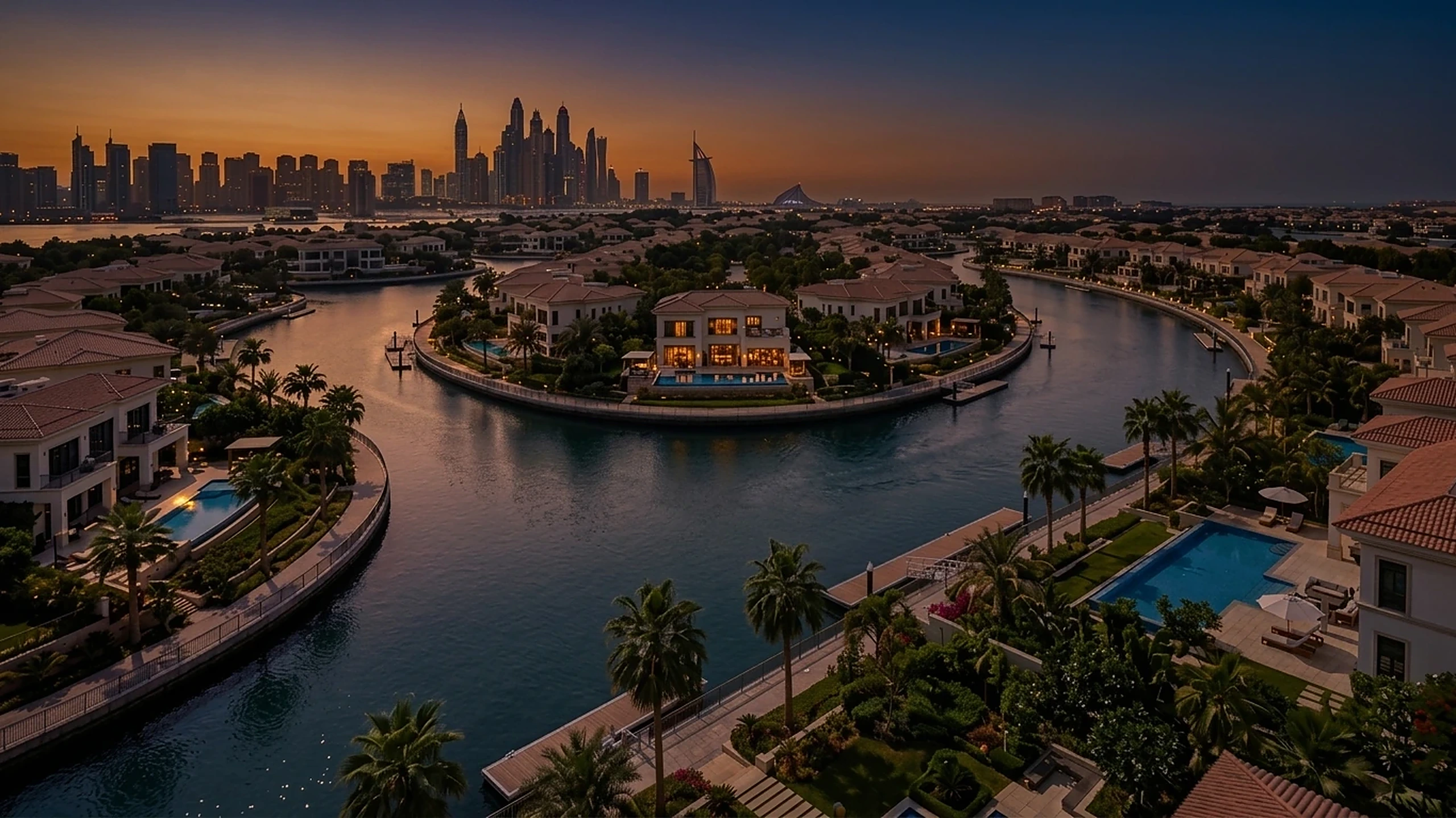 A lakeside mansion on Jumeirah Islands, water to the boundary