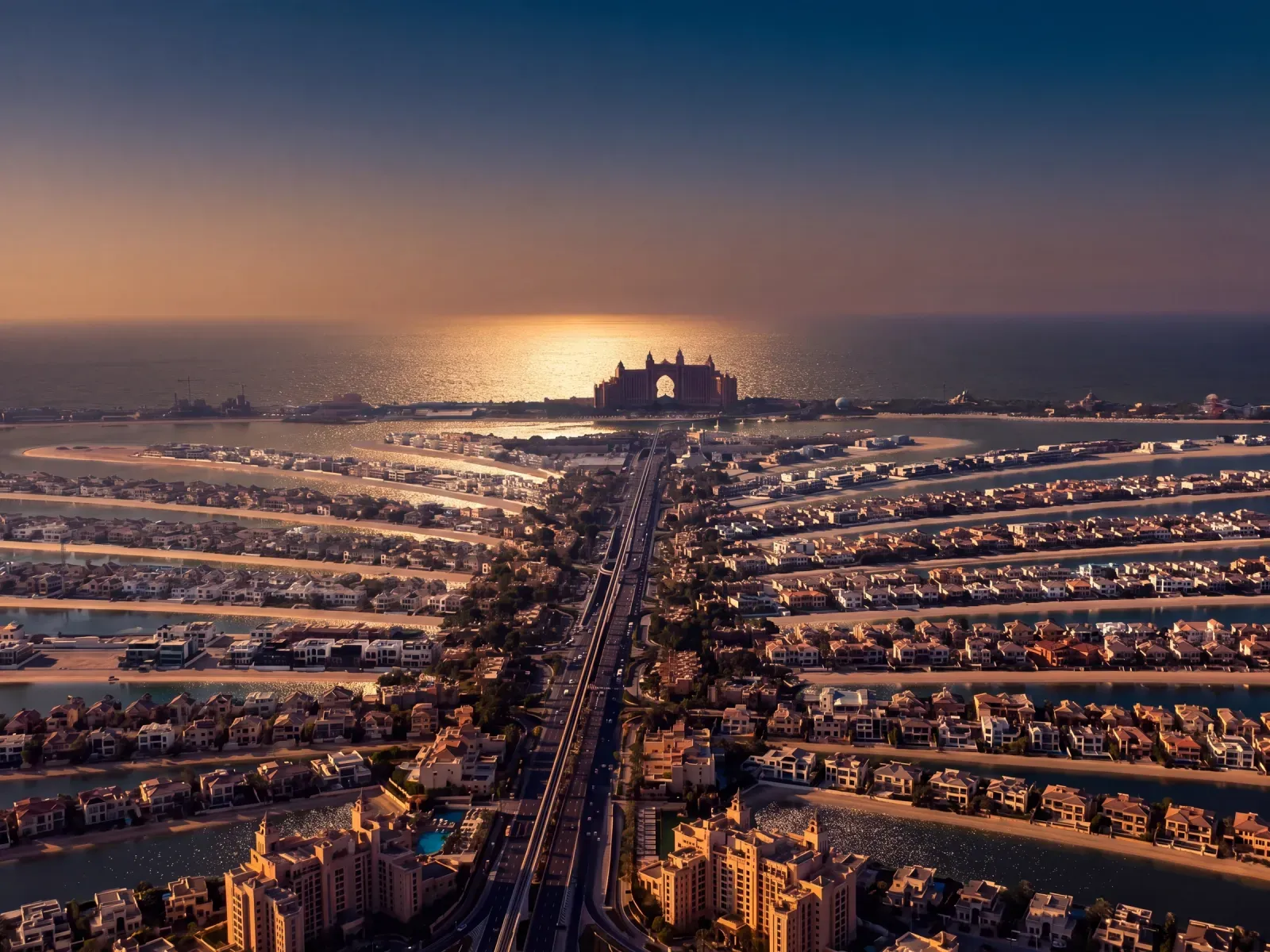 An aerial of Palm Jumeirah in warm dusk light, the fronds and crescent laid out