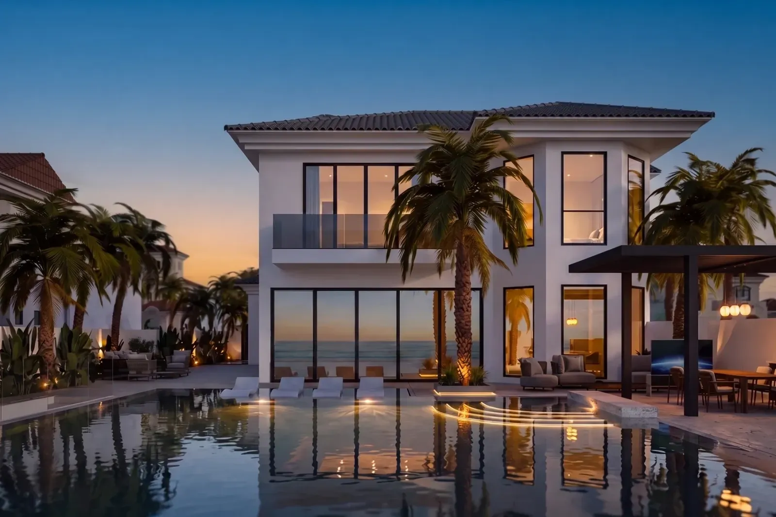 A beachfront villa on Palm Jumeirah, seen from the shoreline