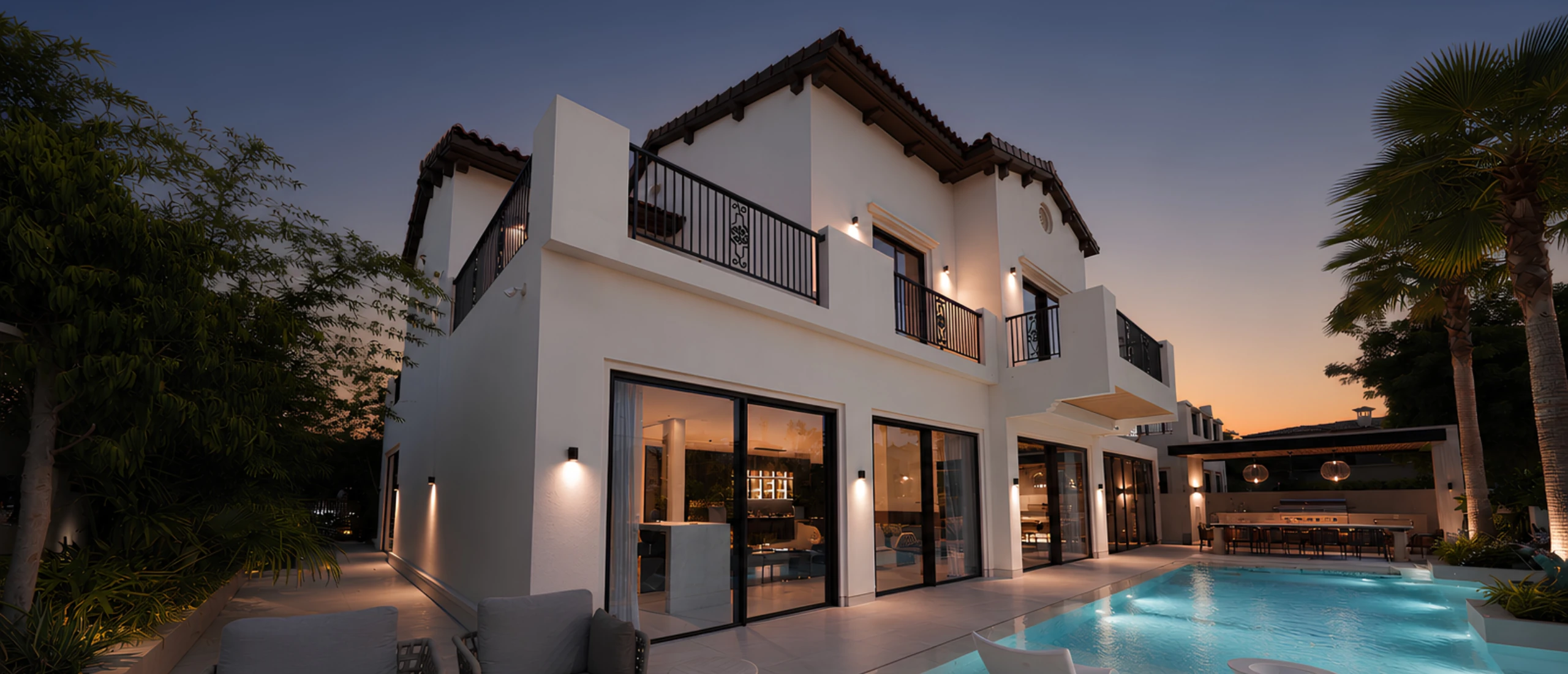 Aseel Villa 54, Arabian Ranches, at dusk — the tile-roofed rear elevation with wrought-iron balconies, full-height sliding glazing, pool and outdoor kitchen