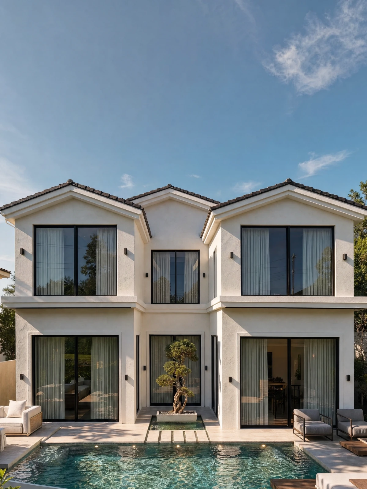 A completed DMDC estate — a rendered two-storey villa with a tiled roof, a sculpted olive tree in the courtyard and a pool in the foreground