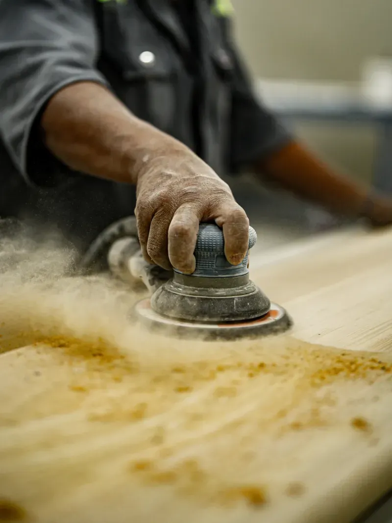 A joiner sanding a solid timber panel in the DMDC woodworks, dust lifting off the surface