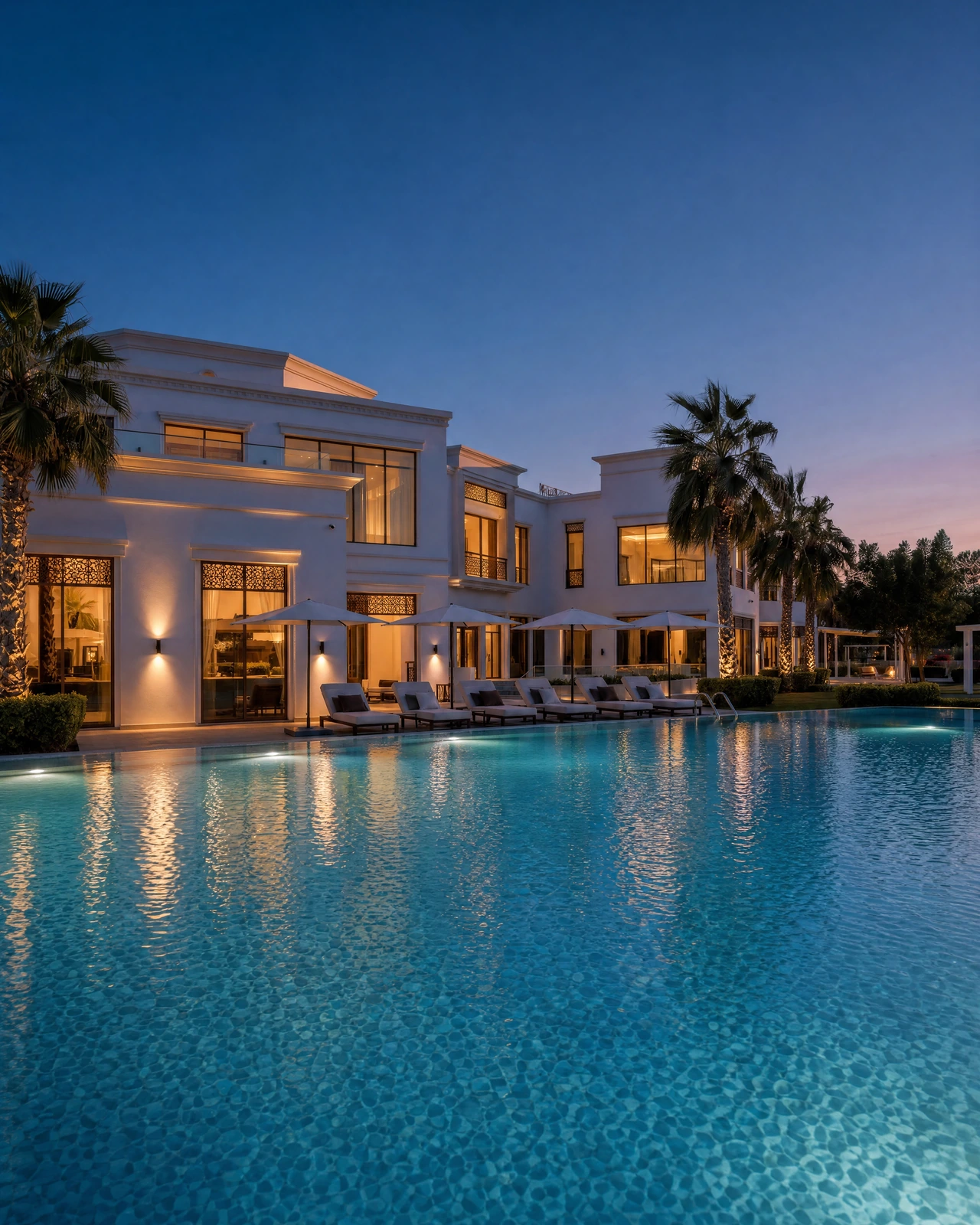 A lit mansion in Dubai Hills Estate at dusk seen across its pool, with palms and shaded loungers along the terrace