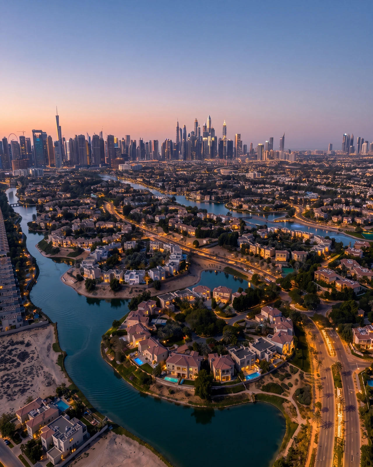 Jumeirah Islands from the air at dusk — lakes and villa clusters with the Dubai Marina skyline beyond