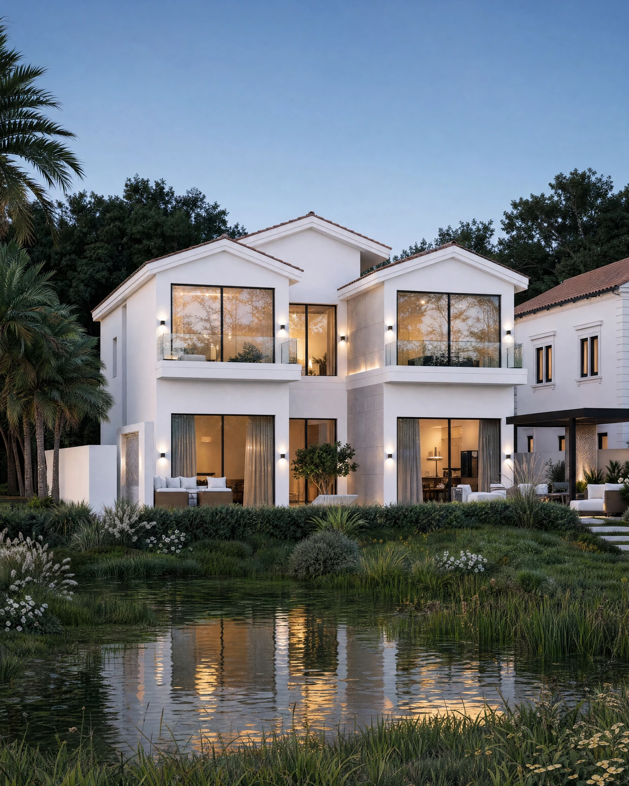 A villa at Jumeirah Golf Estates at dusk, its lit interiors seen across the lake and planting
