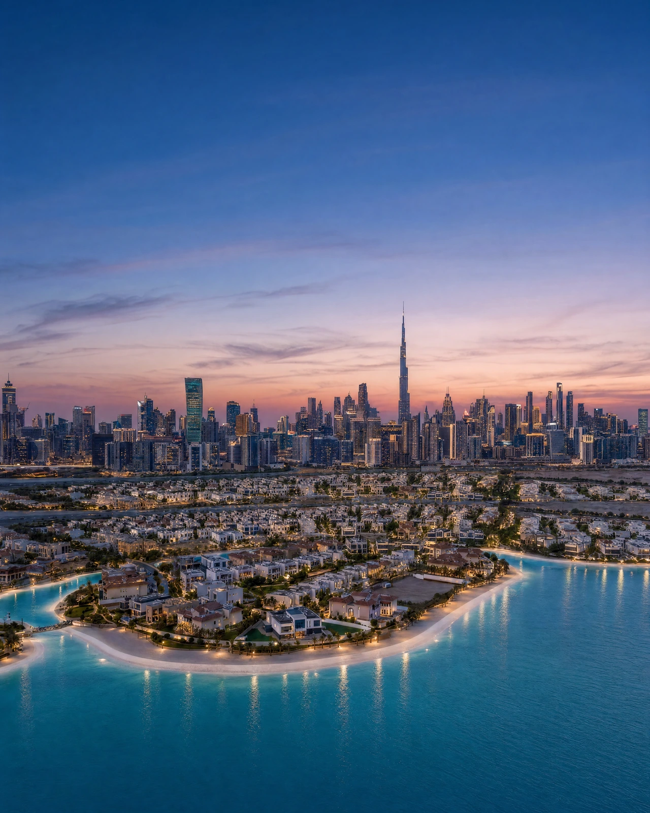 District One from the air at dusk — the crystal lagoon and villa plots with Downtown Dubai and the Burj Khalifa beyond