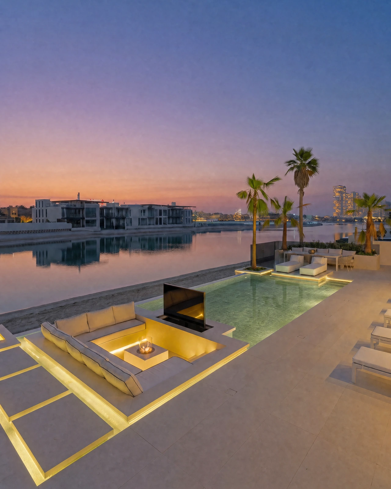 A Palm Jumeirah beachfront terrace at dusk — a sunken fire-pit lounge, lit pool and palms above the water