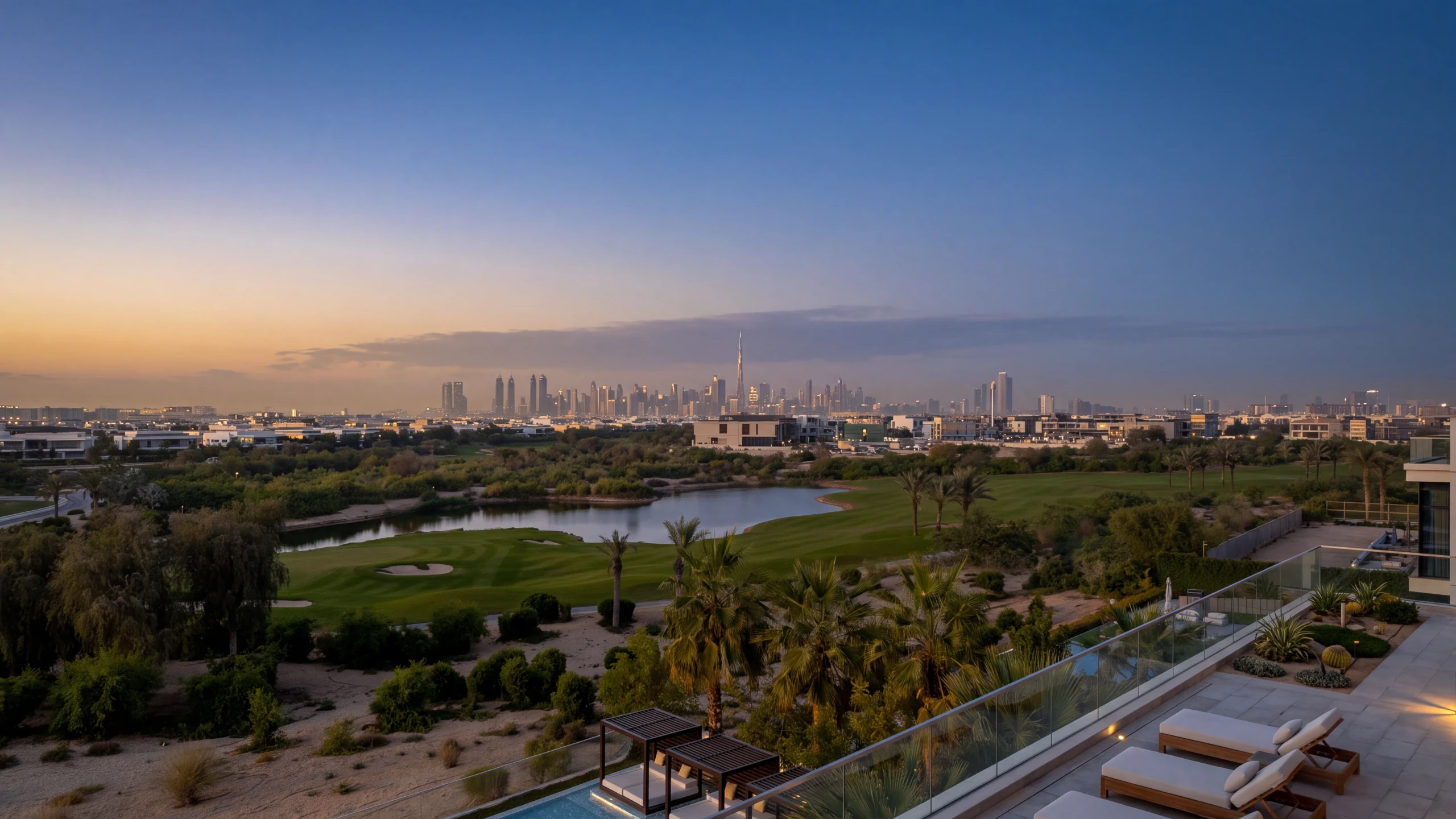 The view from an upper terrace of a DMDC Group house at dusk — sun loungers and cabanas above the pool, looking across the golf course and lake to the Dubai skyline and the Burj Khalifa
