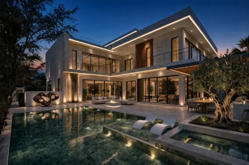 A stone-clad villa in Emirates Hills, Dubai — pool terrace and olive trees at dusk