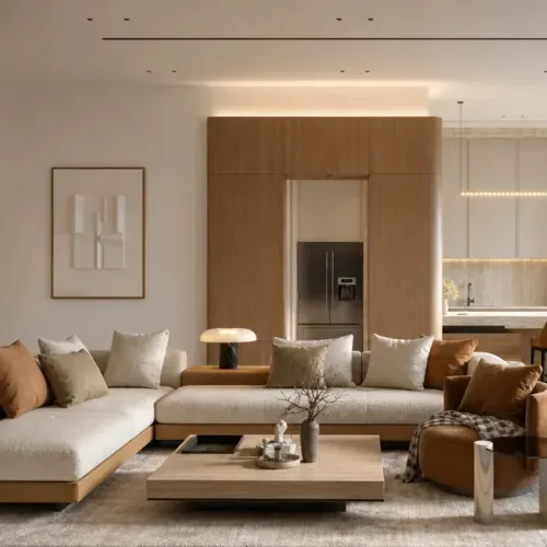 A completed living room with oak joinery and the kitchen beyond
