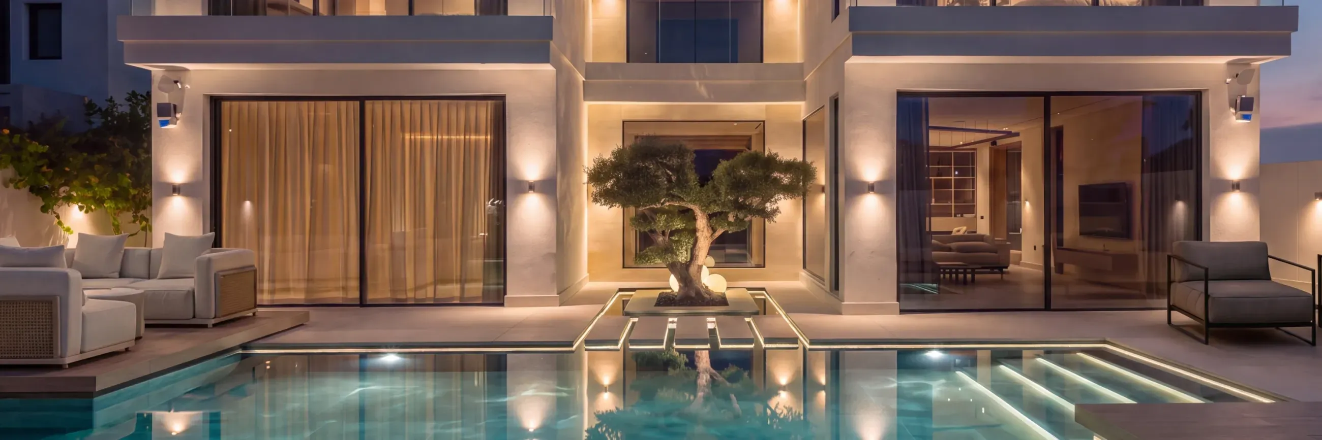 A completed private villa at Jumeirah Golf Estates — the glazed rear elevation and pool terrace, a sculpted olive tree in a water-filled planter