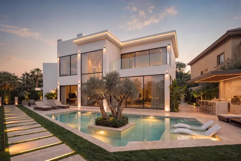 A white contemporary villa in Jumeirah Islands, Dubai, with pool and mature olive tree