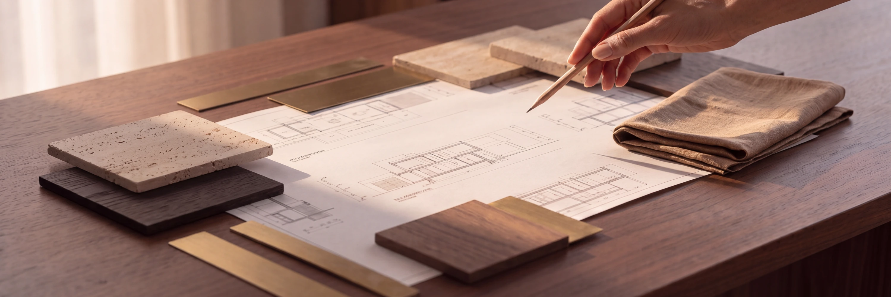 Drawings and material samples on a studio table