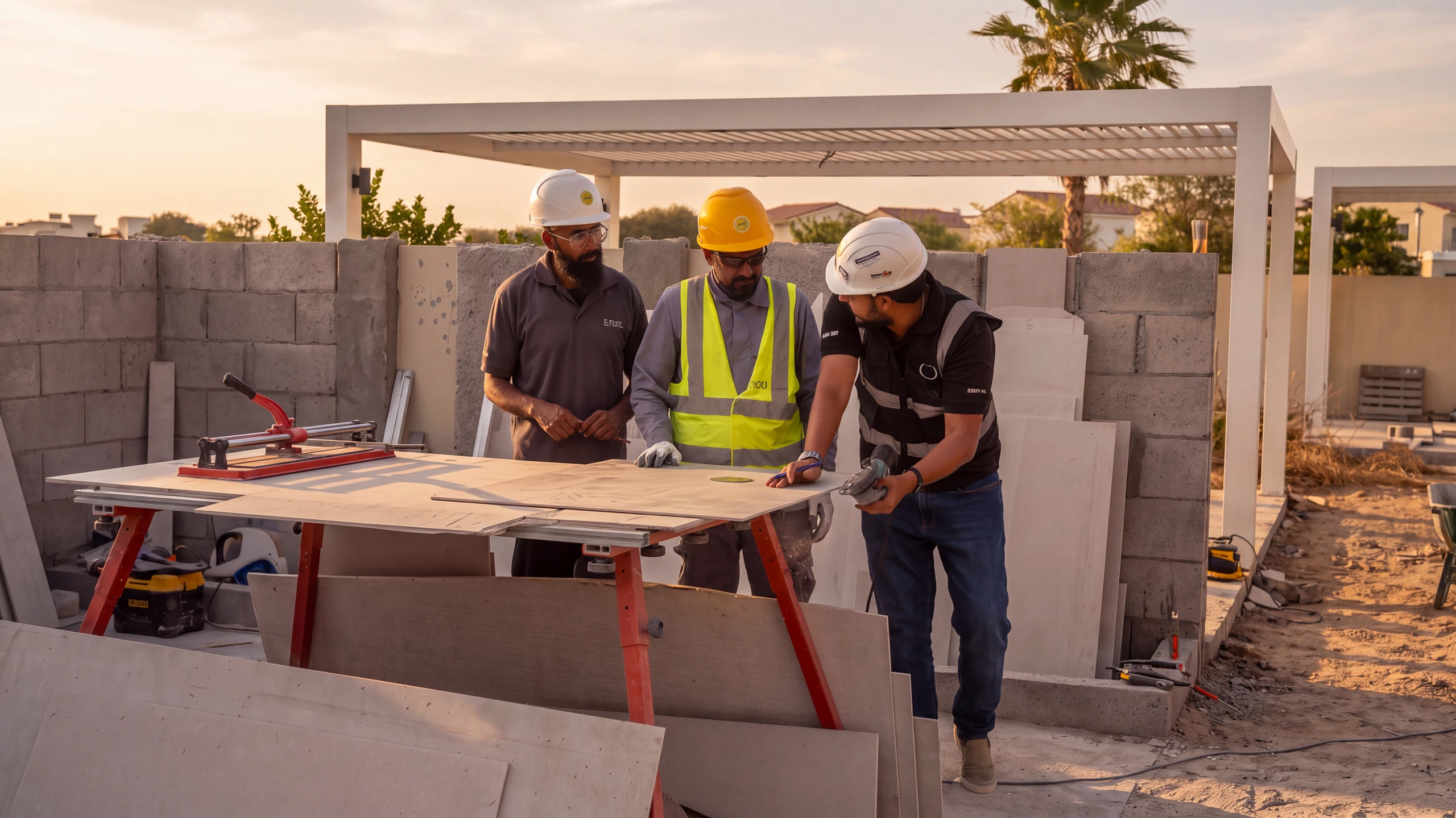A DMDC site team at work — three colleagues at a cutting bench, late afternoon