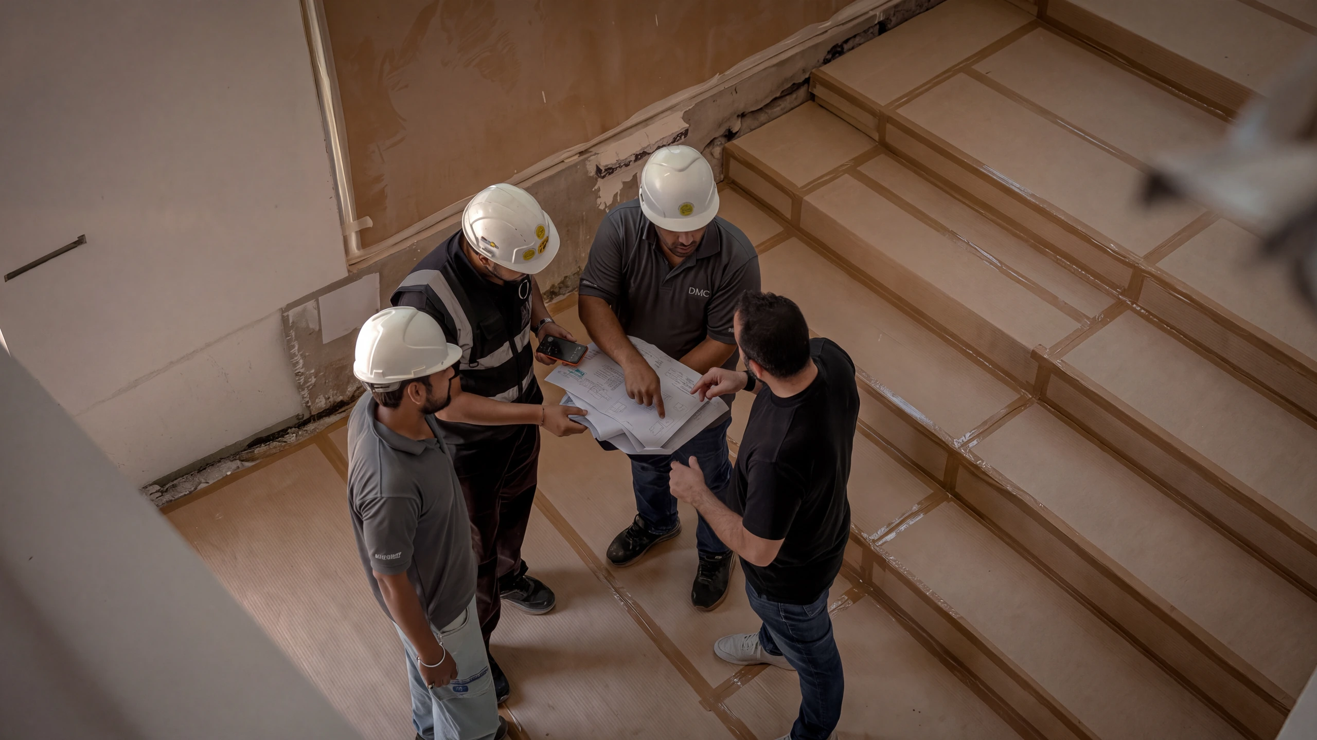Four DMDC staff in hard hats on a protected stair, reviewing a drawing together mid-renovation