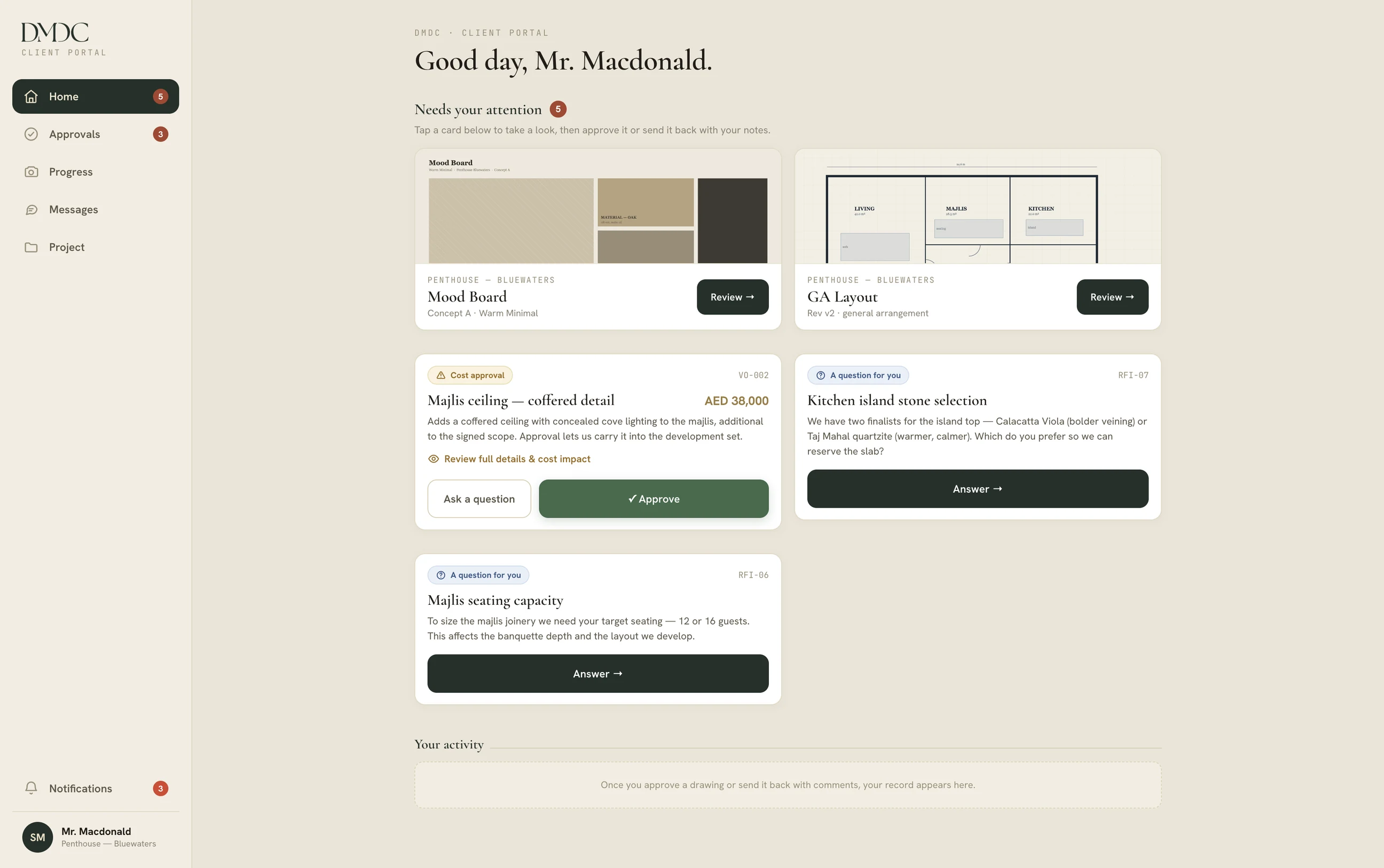 The DMDC client portal, showing design submissions awaiting the client’s approval