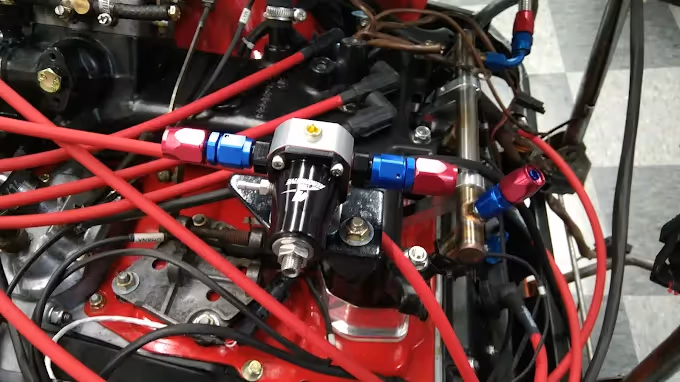 Close-up of a red engine with black and red wires and metal fittings.