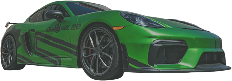 Green sports car with black racing stripes and sleek design viewed from front left.