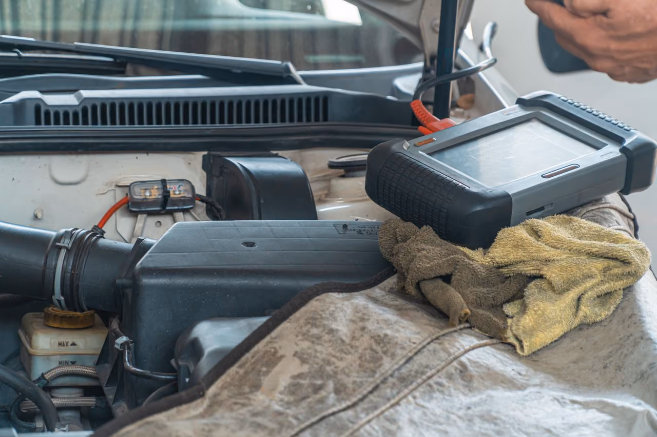 Diagnostic tool with cables resting on rags inside a car engine bay during vehicle inspection.