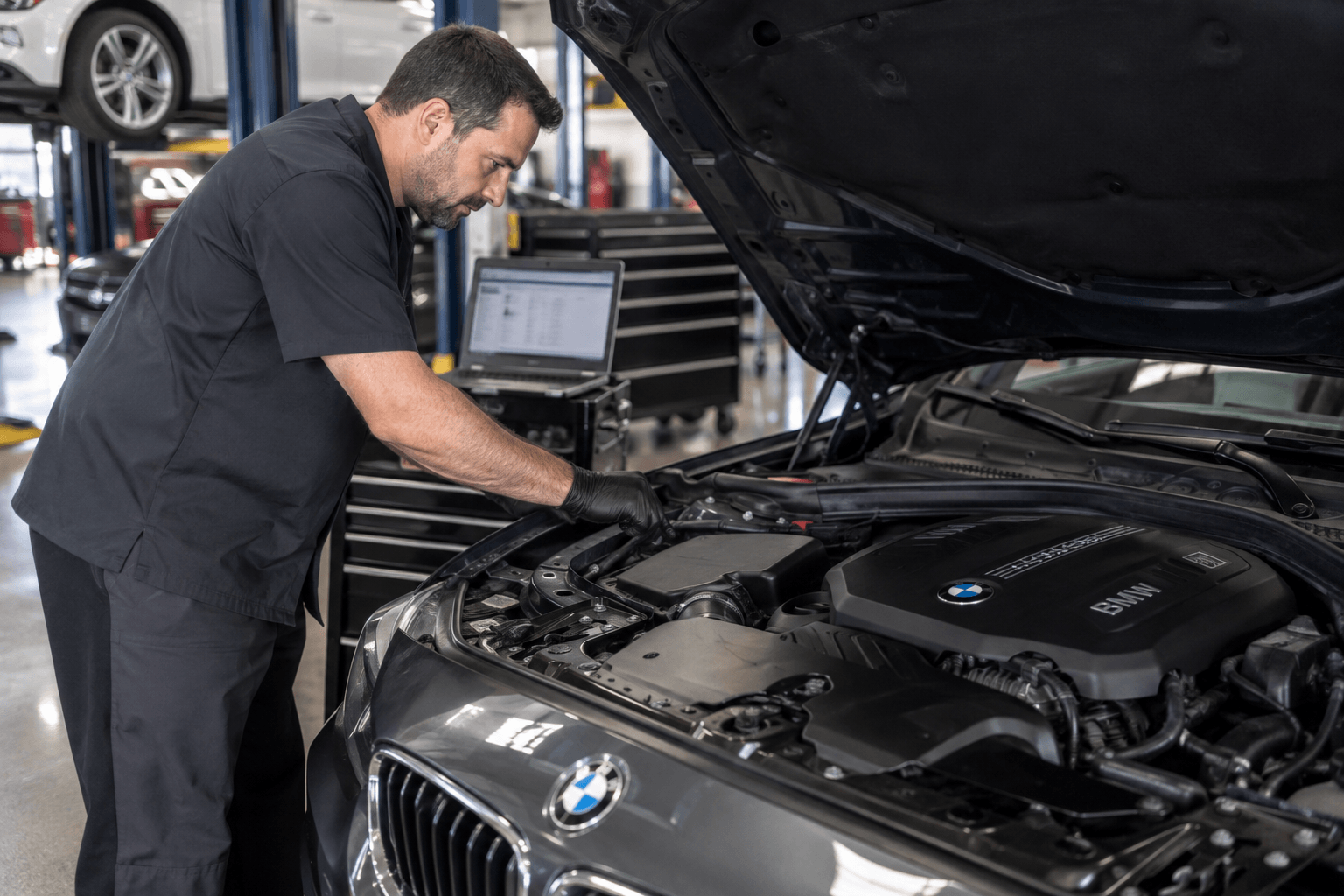 German Car Repair in Summerlin - NV technician inspecting a BMW engine bay during diagnostics