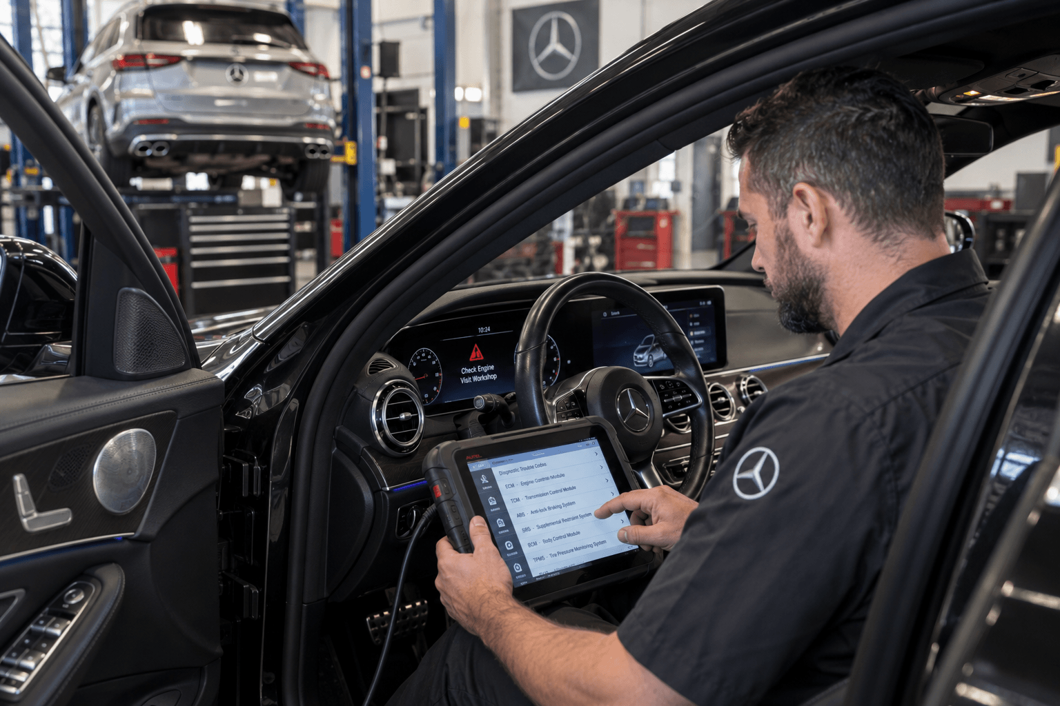 Mercedes-Benz Auto Repair in Rhodes Ranch - NV technician scanning a dashboard fault in a service bay