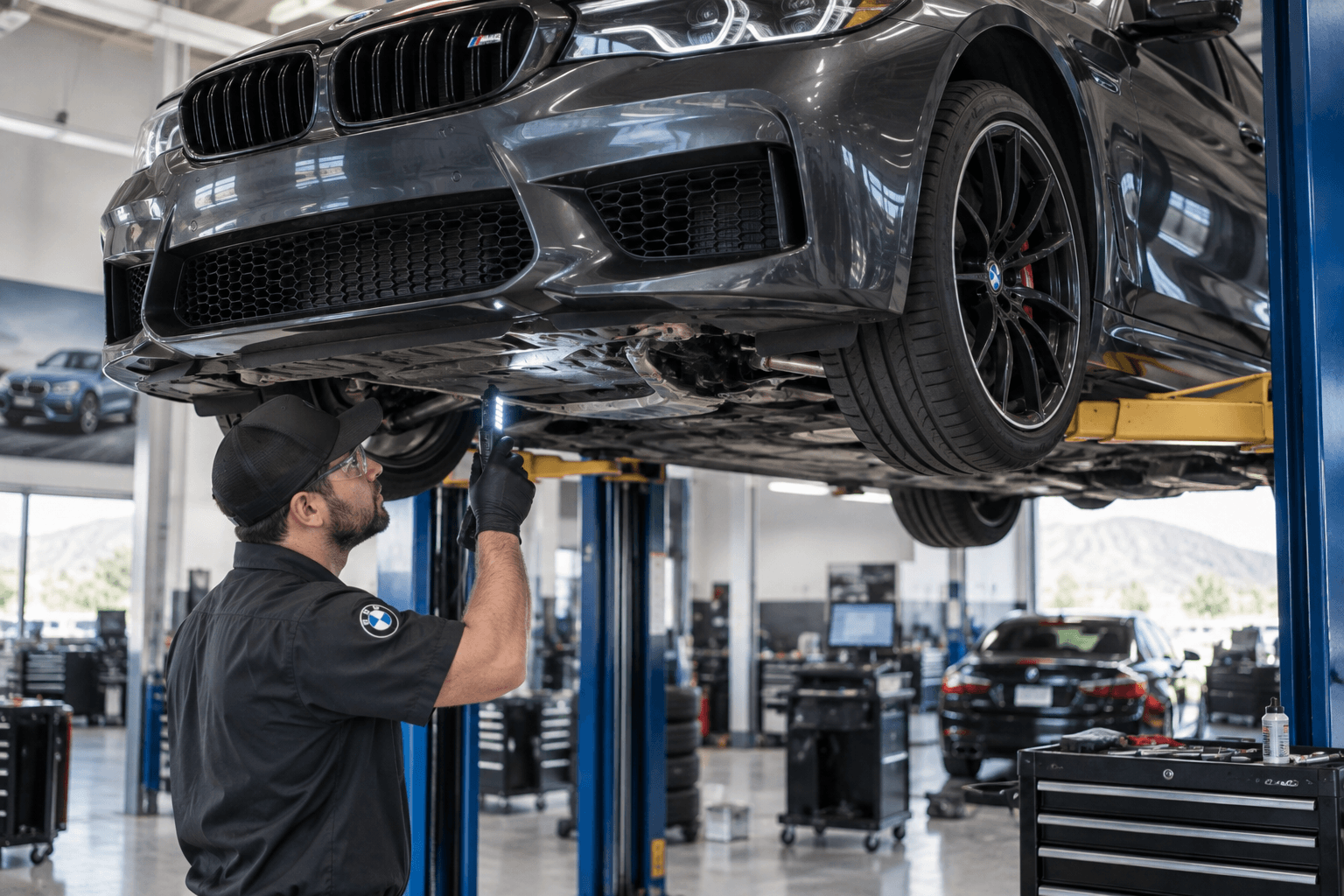 BMW Auto Repair in Summerlin - NV technician inspecting a sport sedan on a lift