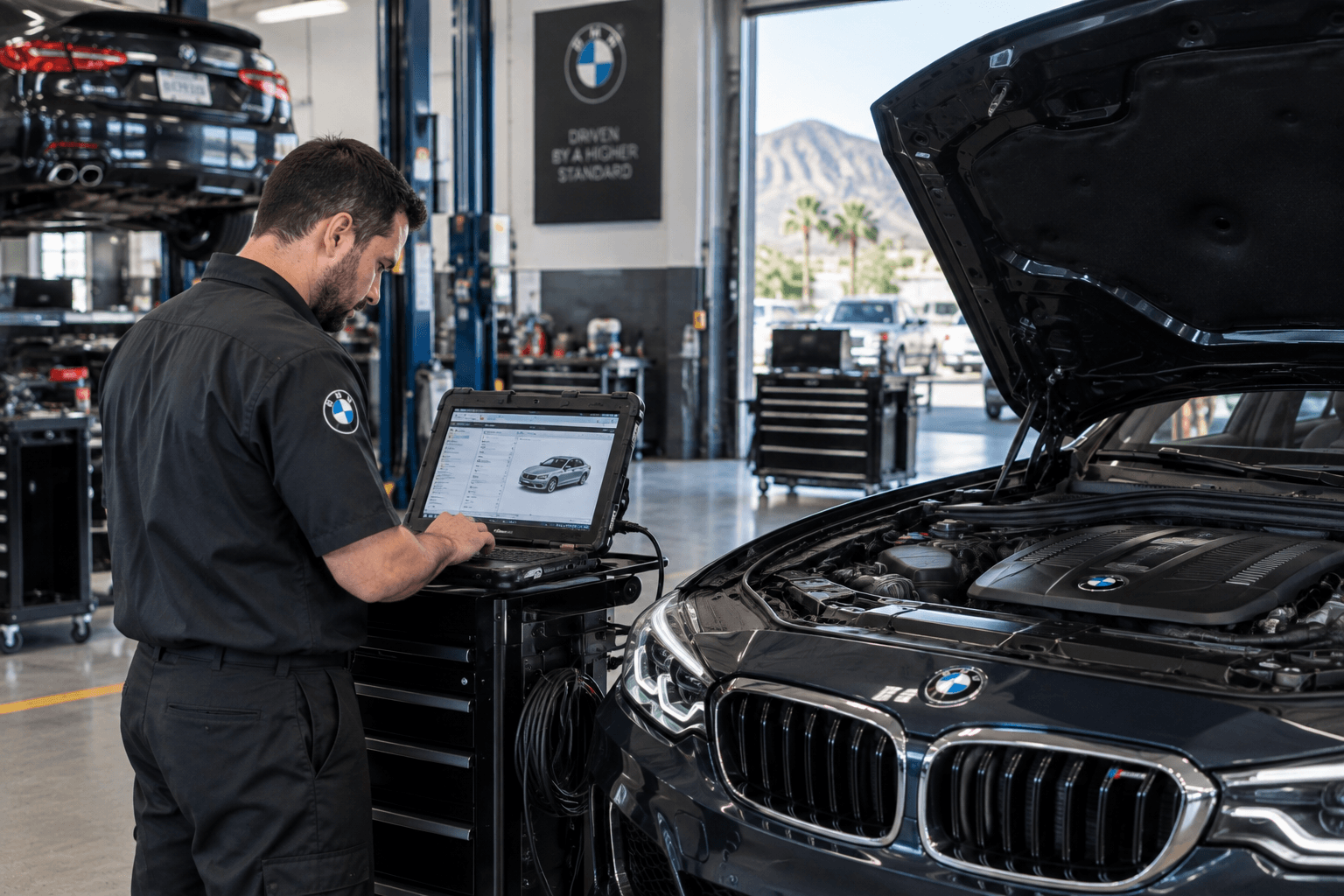 Technician performing BMW Auto Repair in a Summerlin - NV garage using advanced diagnostic equipment