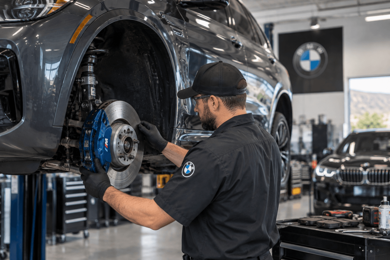 BMW Auto Repair in Southern Highlands - NV technician checking brake components on a BMW SUV