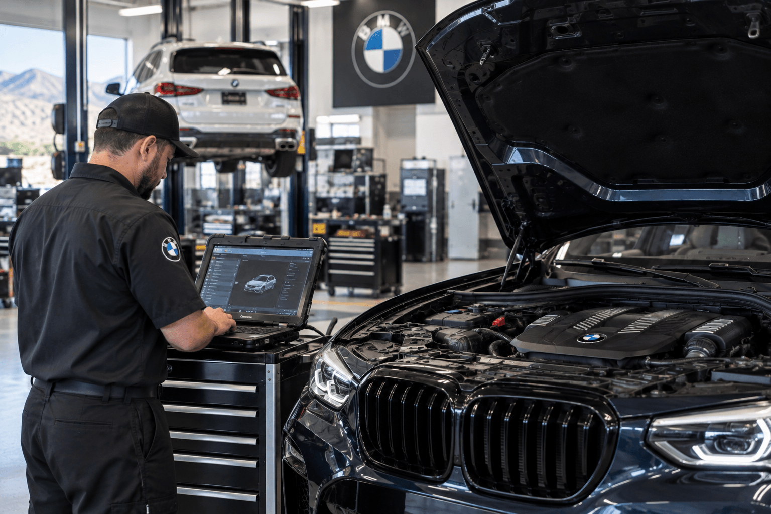 Technician performing BMW Auto Repair in Southern Highlands - NV with diagnostic tools beside an open hood