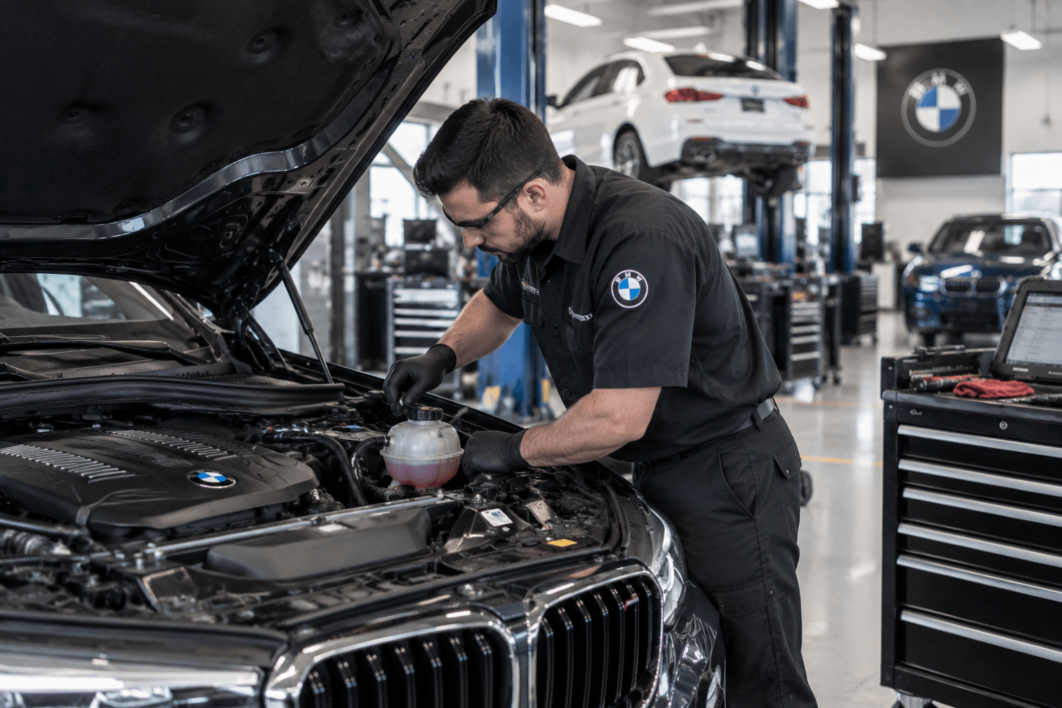 BMW Auto Repair in Henderson - NV technician inspecting a BMW cooling system in the service bay
