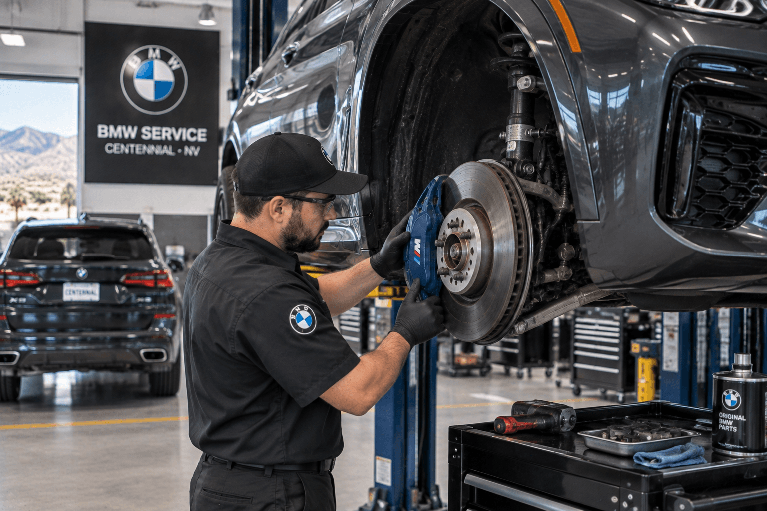 BMW Auto Repair in Centennial - NV technician checking brake components on a lifted BMW SUV
