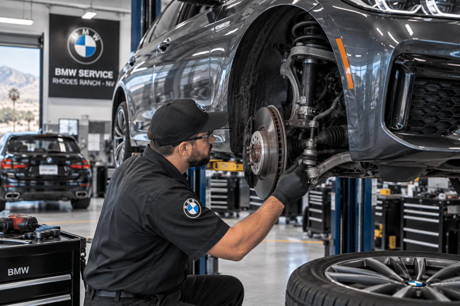 BMW Auto Repair in Rhodes Ranch - NV technician inspecting front suspension on a BMW sedan